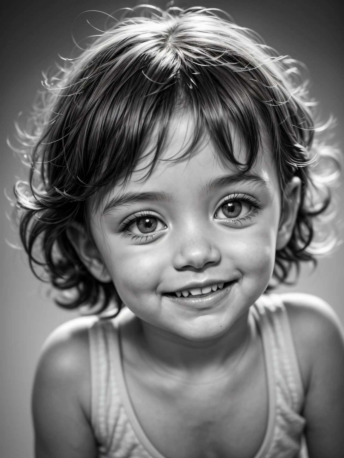 Beautiful portrait of a 2 , brown curly short hair, fair skin, smiling, blue eyes, ultradetailed, soft light, grayscale, black and white, (high contrast), photorealistic, realistic, detailed skin, natural light