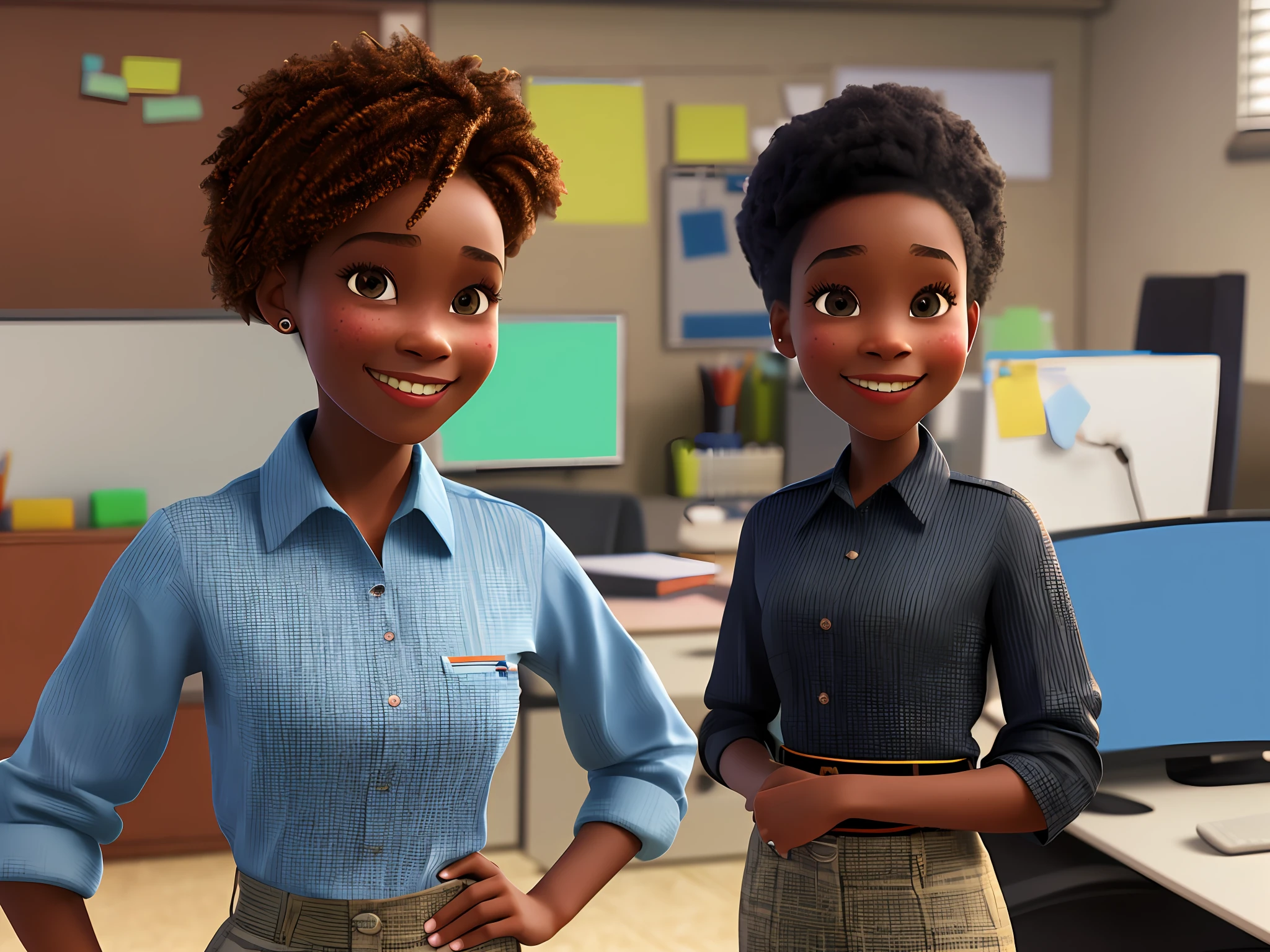 Pixarstyle a waist-high portrait of a young black 1girl in an office shirt, smile, office, natural skin texture, 4k textures, HDR, intricate, highly detailed, sharp focus, cinematic look, hyper-detailed