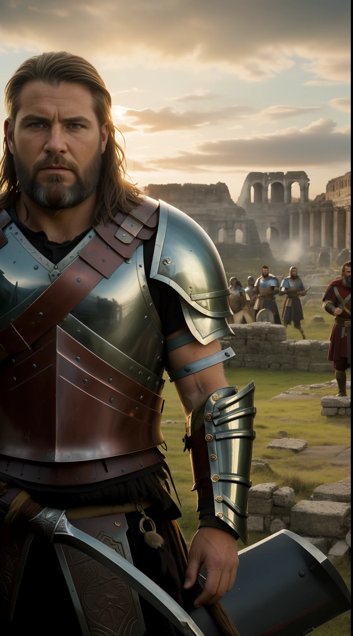 (Greg Rutkowski style, masterpiece, UHD, detailed:1.3), towering barbarian King, (grizzled hair and beard:1.1), intense blue eyes, (5th-century war-torn battle armor:1.2), gripping a Roman standard, war-torn Roman battlefield, smoldering ruins, fleeing legionnaires, victorious Germanic warriors, twilight, richly textured clouds, muted colors, atmospheric, diagonal shot, looking out over battlefield.