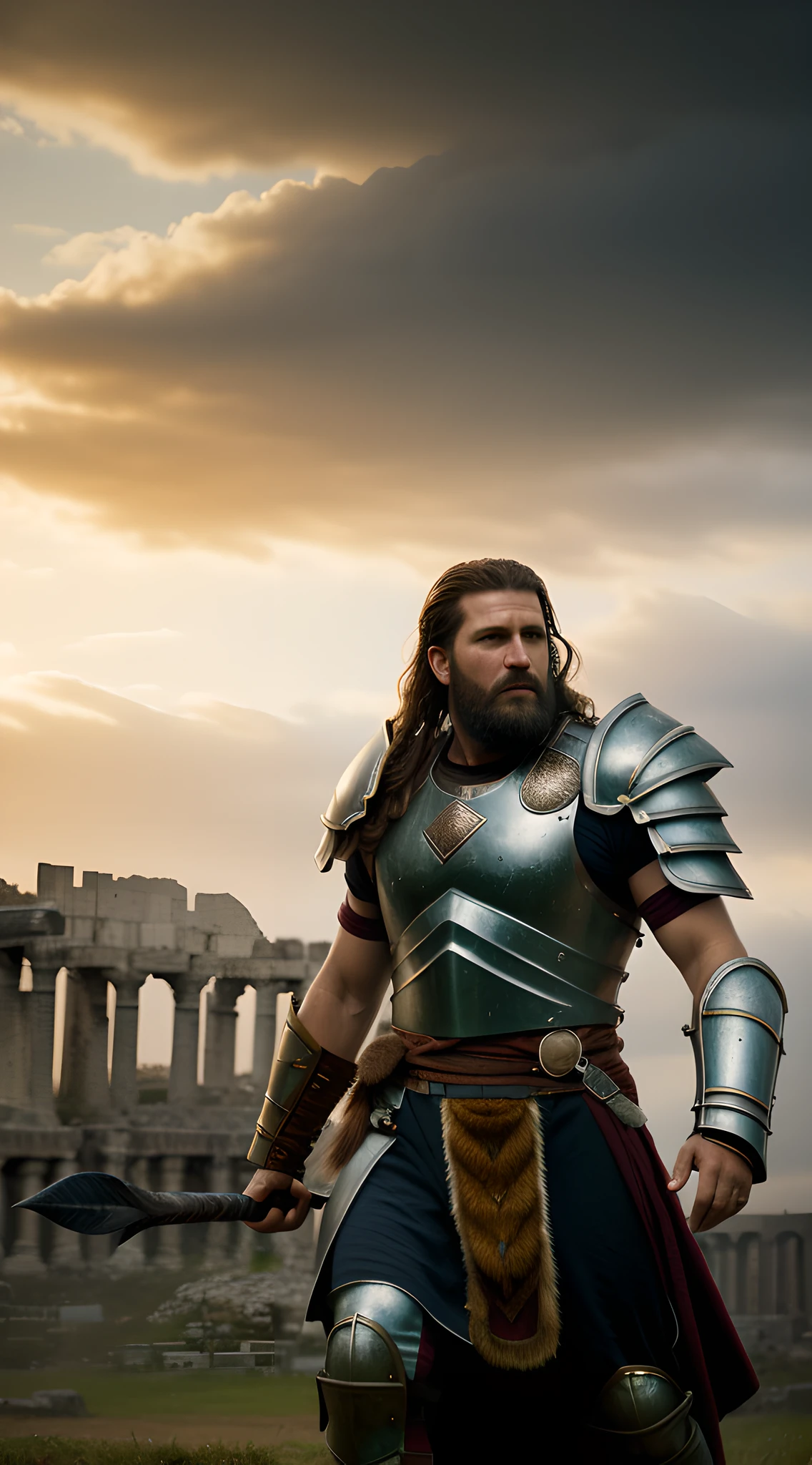 (Greg Rutkowski style, masterpiece, UHD, detailed:1.3), towering barbarian King, (grizzled hair and beard:1.1), intense blue eyes, (5th-century war-torn battle armor:1.2), gripping a Roman standard, war-torn Roman battlefield, smoldering ruins, fleeing legionnaires, victorious Germanic warriors, twilight, richly textured clouds, muted colors, atmospheric, diagonal shot, looking out over battlefield.