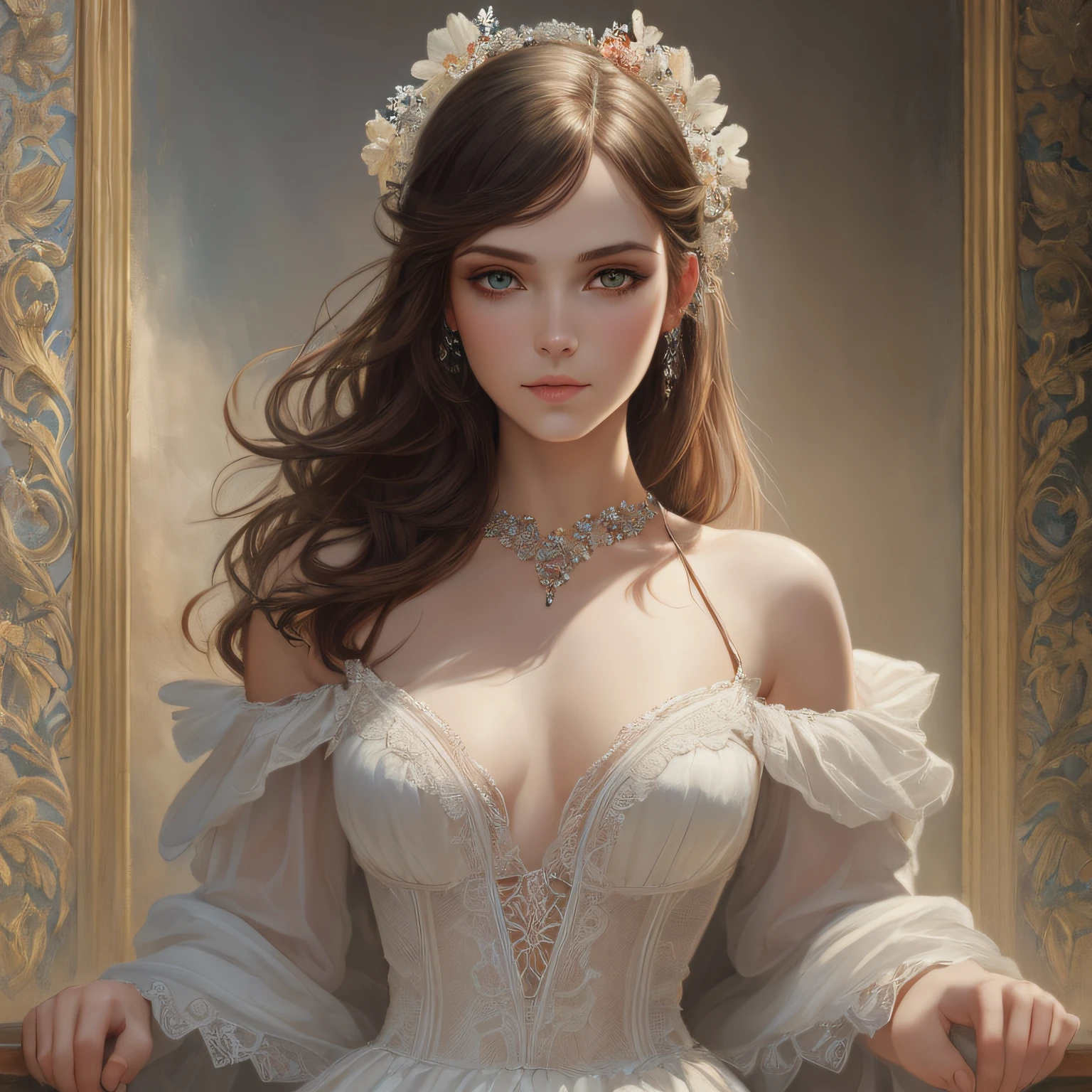 hyper-real), (illustration), (high resolution), (best quality, 8K, masterpiece: 1.3), (very detailed), (best illustration), perfect body beauty: 1.4, (beautiful detailed eyes), (super detail), (desktop wallpaper), (detailed face), milky white and fair skin, high detail skin, realistic skin details, visible pores, (dynamic pose), the art of John Collier and Albert Obright and Krenz Kusatt and Artem Demura, Open shoulder dress: 1.4, shallow smile, camelto, half body,
