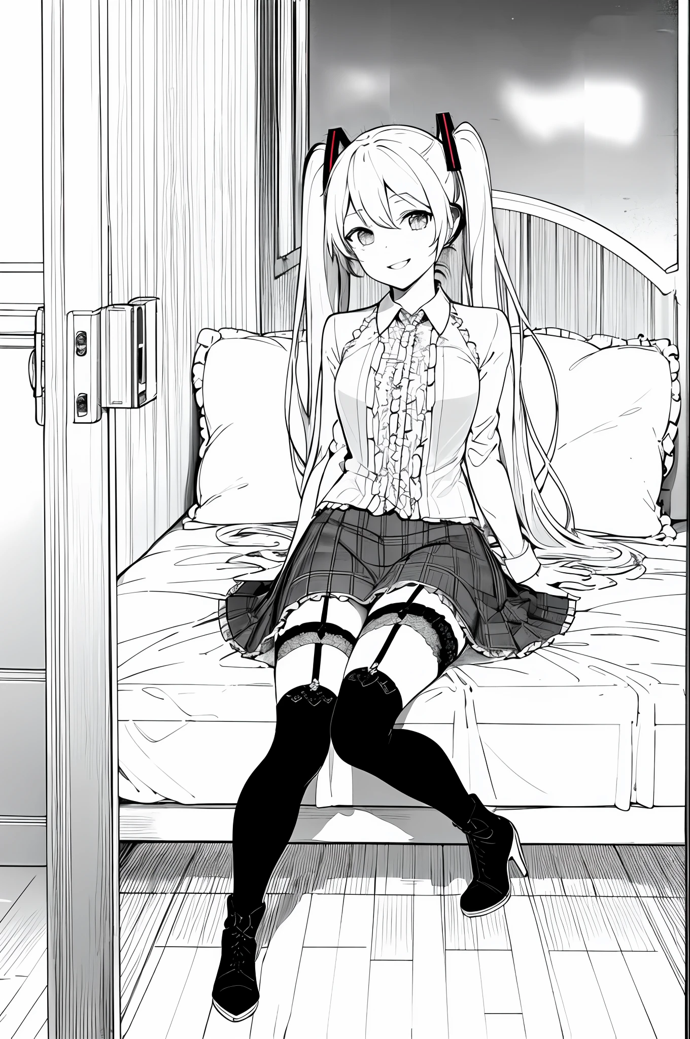 masterpiece, best quality, hatsune miku, pillow, garter straps, hatsune miku, 1girl, cushion, long hair, thighhighs, frilled pillow, skirt, solo, couch, boots, smile, heart pillow, looking at viewer, breasts, twintails, jacket, bed, high heels, sweet devil \(vocaloid\), parted lips, monochrome, lineart,