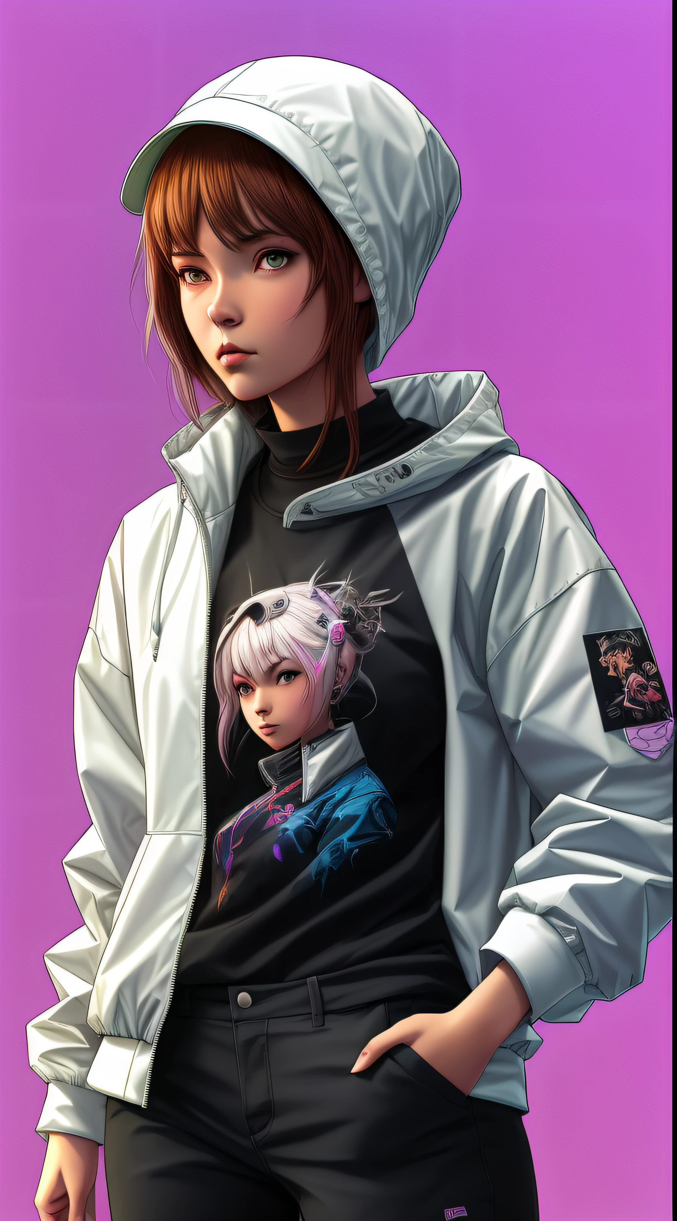 Imagen de una mujer con chaqueta plateada y pantalones cortos negros, Chica de anime cyberpunk con sudadera con capucha, Obras de arte al estilo de Guweiz, Bajo detalle. Pintura digital, realistic artistic style, Pintura digital brillante, striking detailed artstyle, Ilya Kuvshinov. 4 mil, Ropa realista, realistic digital illustration, Hecho con Anime Painter Studio, hypperrealistic illustration