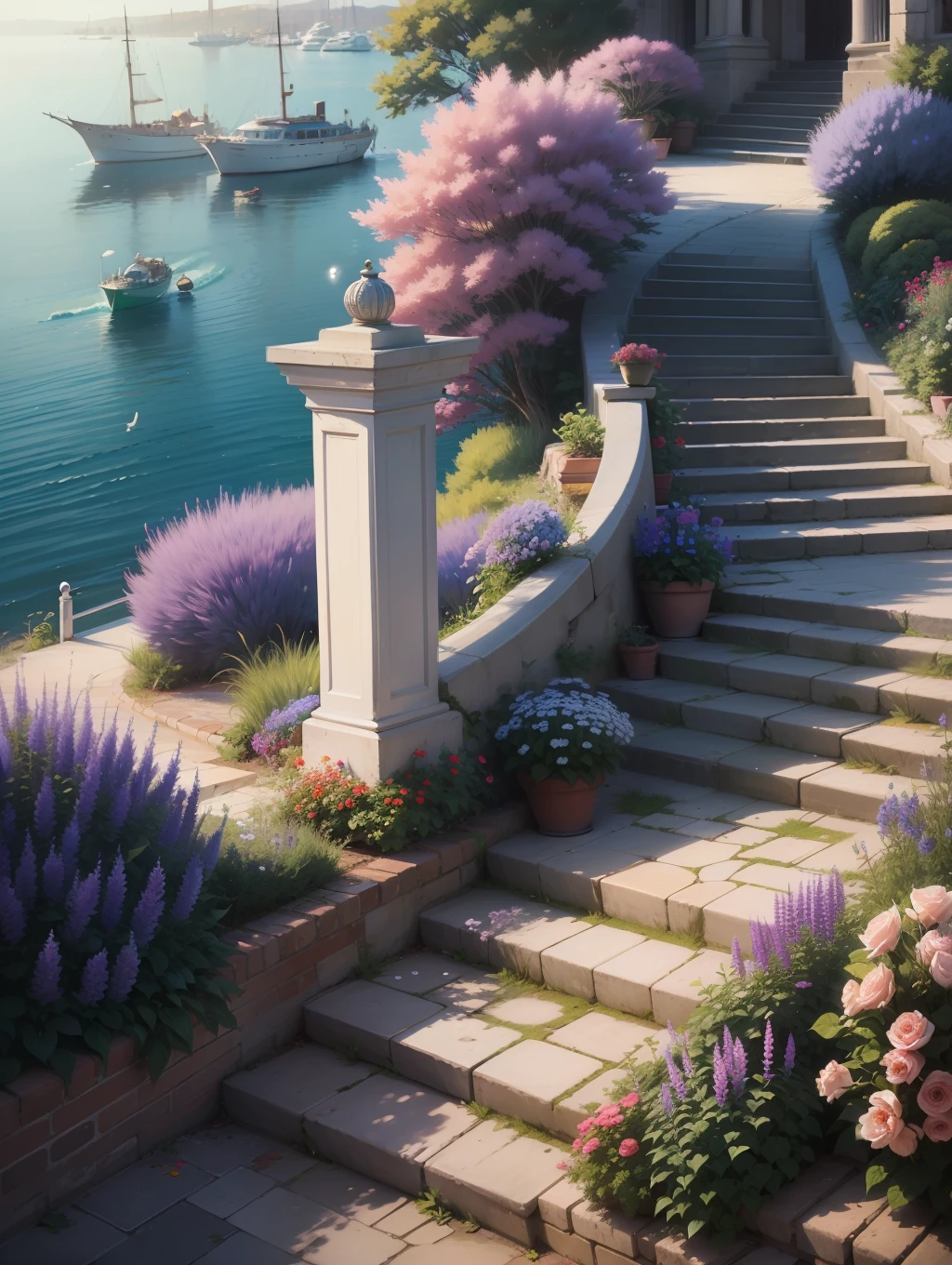 a beautiful picture of the stairway down with flowers, in the style of dazzling cityscapes, greek art and architecture, 32k uhd, captivating harbor views, colorful street murals, light purple and emerald, solarizing master