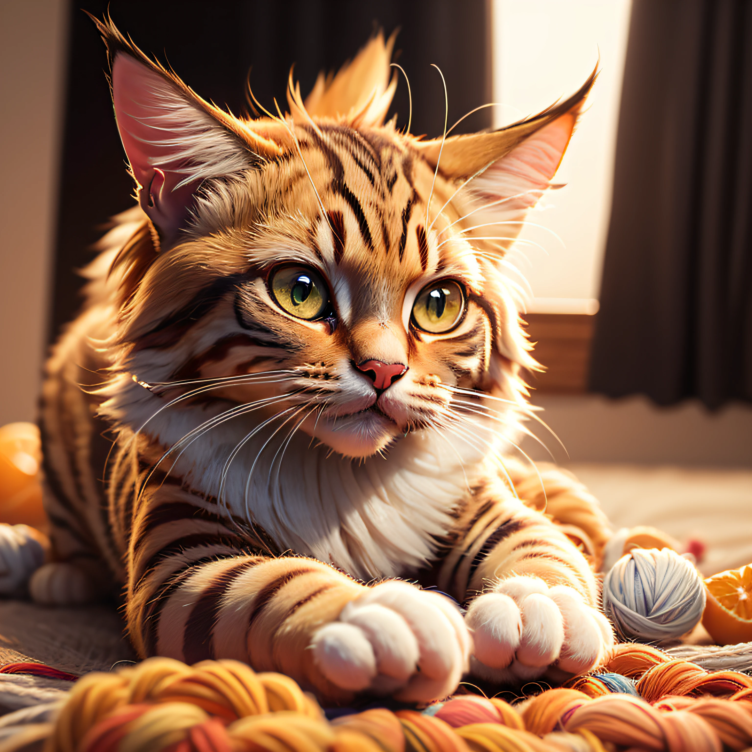 Cute mainecoon playing with wool yarn in an orange setting, gatinho fofo, mainecoon, cor laranja, obra-prima, alta qualidade, altos detalhes