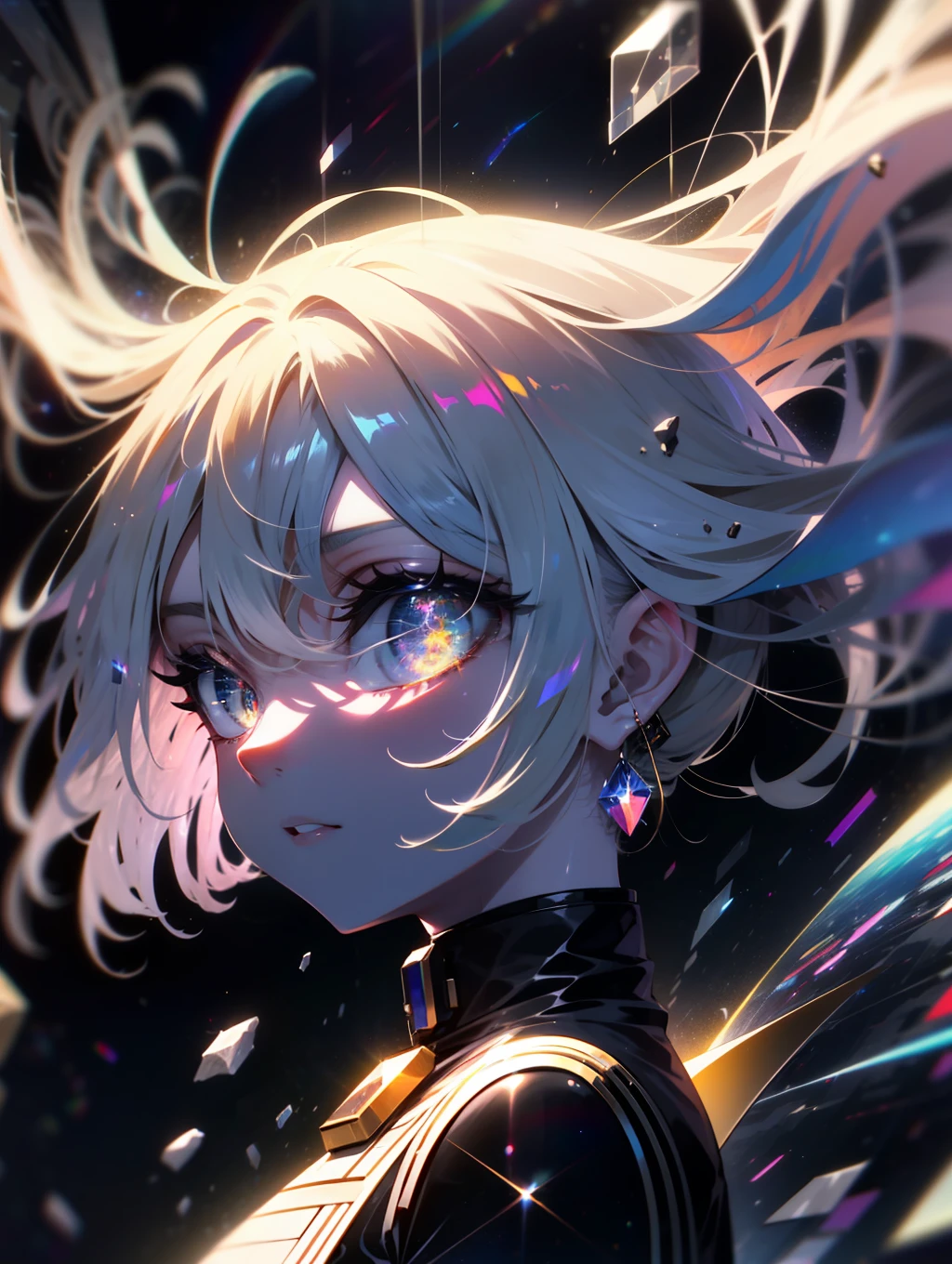 8K, HDR, masterpiece, high resolution, ultra-detailed, epic lighting, detailed eyes, 1 girl, goddess, omnipotent human, floating in space, sparkling eyes, glowing eyes, long hair, space body, galaxy inside the body, multiple galaxies inside the body, transparent body, light particles, distant view, outer space, distant space, galaxy, stars, supernova, solar system, Milky Way, multiple galaxies, fragments, An embodiment of the multiverse.