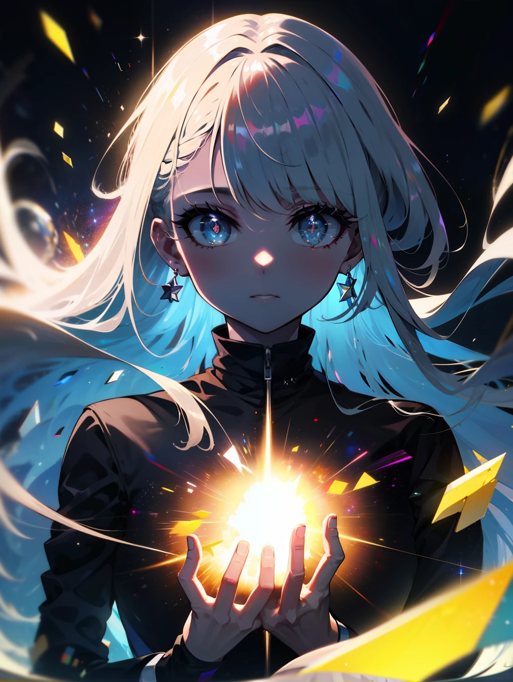 8K, HDR, masterpiece, high resolution, ultra-detailed, epic lighting, detailed eyes, 1 girl, goddess, omnipotent human, floating in space, sparkling eyes, glowing eyes, long hair, space body, galaxy inside the body, multiple galaxies inside the body, transparent body, light particles, distant view, outer space, distant space, galaxy, stars, supernova, solar system, Milky Way, multiple galaxies, fragments, An embodiment of the multiverse.