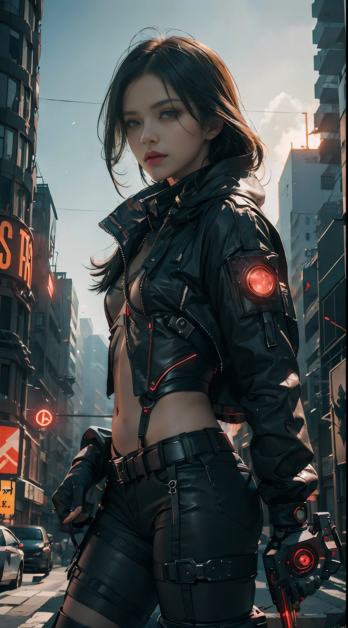 A girl, wearing a black-red glowing techpunkmask with yellow eyes shining, dressed sexy, with a futuristic pistol hanging from the left and right of her waist, a mechanical prosthesis in her right hand, a red torn cloak swaying in the wind, next to a small aerial vehicle with a complex structure, night, a ruined cyberpunk city in the apocalypse, girl sitting on this big neon billboard, lifelike, best picture quality, highest definition and clarity, original, surreal, high detail, futuristic, Action painting, chiaroscuro, cinematic lighting, ray tracing, reflected light, denim lens, f/4.0