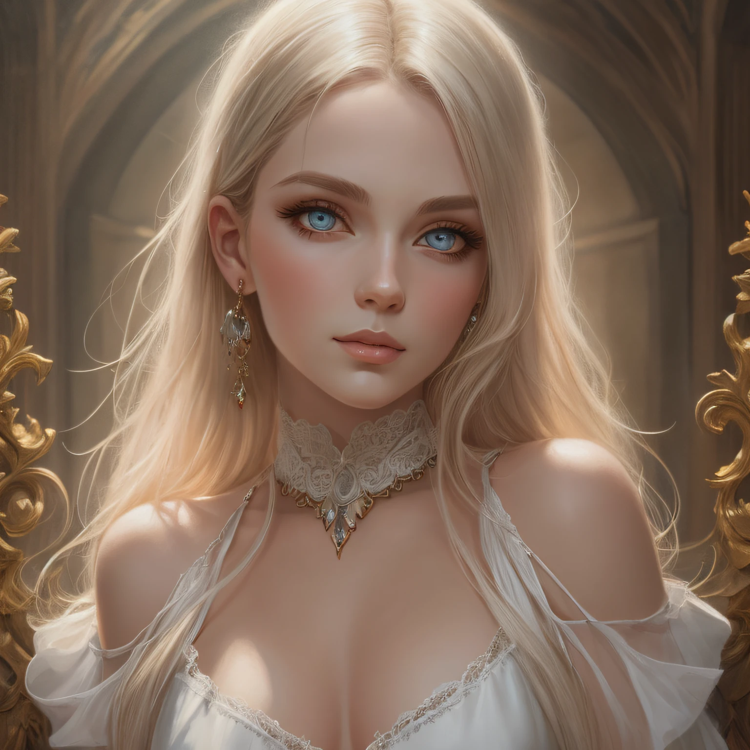 hyper-real), (illustration), (high resolution), (best quality, 8K, masterpiece: 1.3), (very detailed), (best illustration), perfect body beauty: 1.4, (beautiful detailed eyes), (super detail), (desktop wallpaper), (detailed face), milky white and fair skin, high detail skin, realistic skin details, visible pores, (dynamic pose), the art of John Collier and Albert Obright and Krenz Kusatt and Artem Demura, Open shoulder dress: 1.4, shallow smile, camelto, half body,