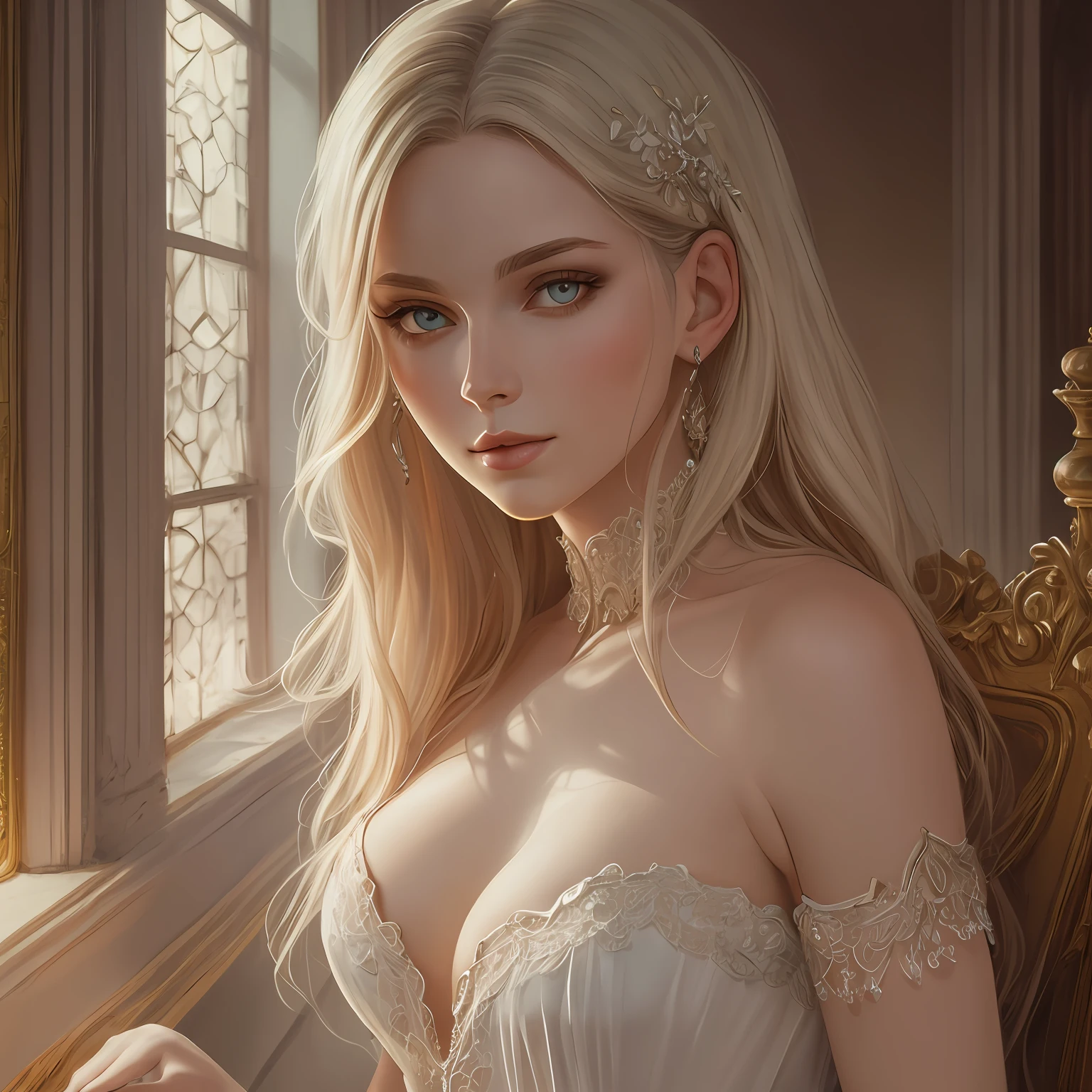 hyper-real), (illustration), (high resolution), (best quality, 8K, masterpiece: 1.3), (very detailed), (best illustration), perfect body beauty: 1.4, (beautiful detailed eyes), (super detail), (desktop wallpaper), (detailed face), milky white and fair skin, high detail skin, realistic skin details, visible pores, (dynamic pose), the art of John Collier and Albert Obright and Krenz Kusatt and Artem Demura, Open shoulder dress: 1.4, shallow smile, camelto, half body,