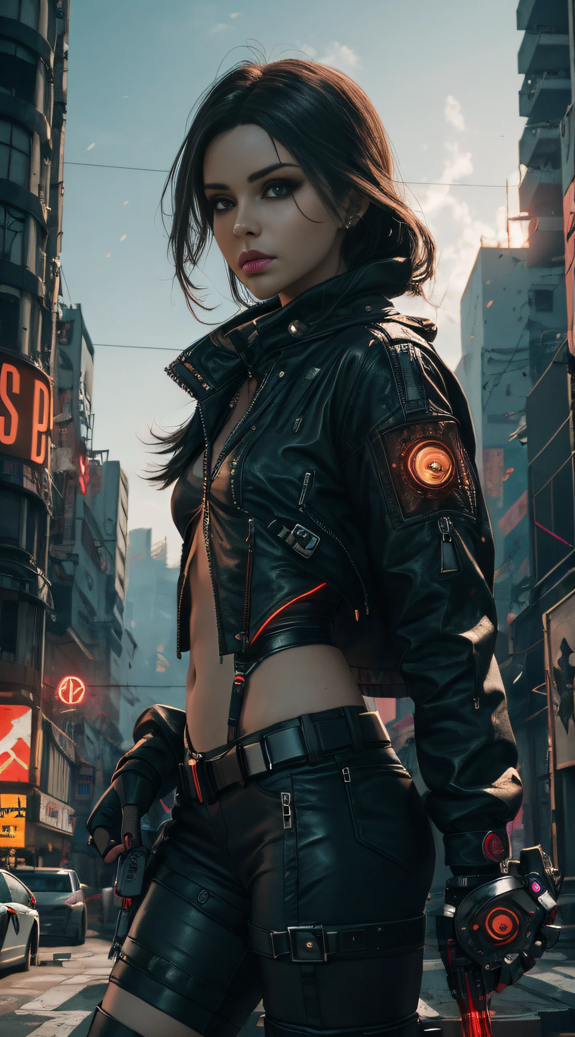 cyber woman in a leather outfit standing in a city street, Cyberpunk 2 0 e. o modelo , cyberpunk meninaa, menina de anberpunk feminino, Garota cyberpunk, garota anime cyberpunk, estilo de arte cyberpunk, mulher cyberpunk, cyberpunk feminino, mulheres cyberpunk, estilo cyberpunk, arte cyberpunk ultrarrealista 8k, estilo cyberpunk hiper-realista, modelo bonito da mulher cyberpunk, tem estilo cyberpunk