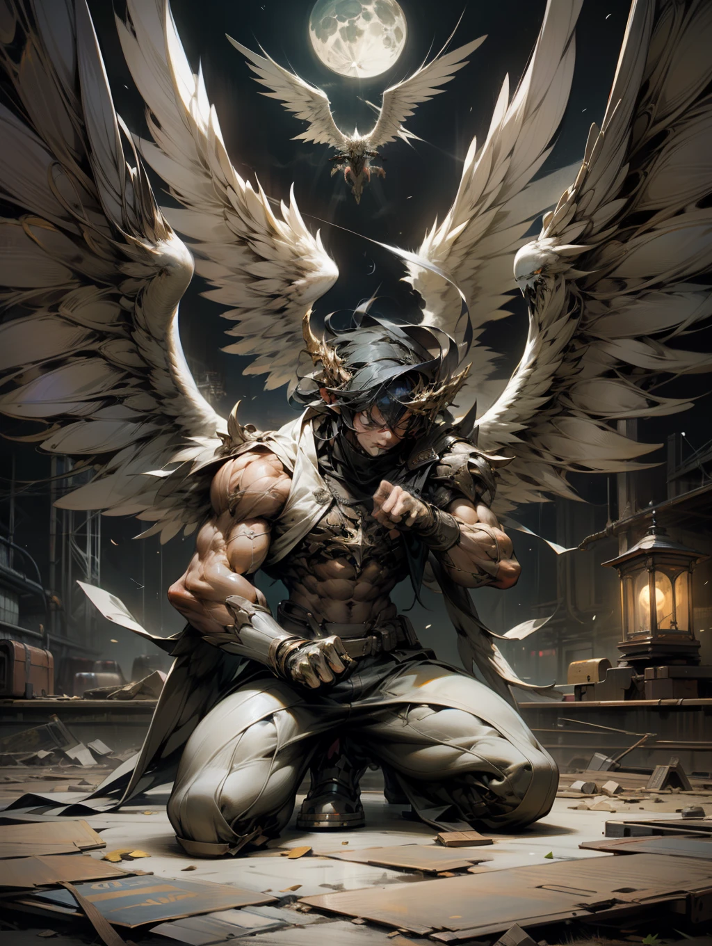 an muscular angel with wings is kneeling on the ground under the moon, in the style of metalcore, captures raw emotions, album covers, nightcore, manticore, dystopian realism
