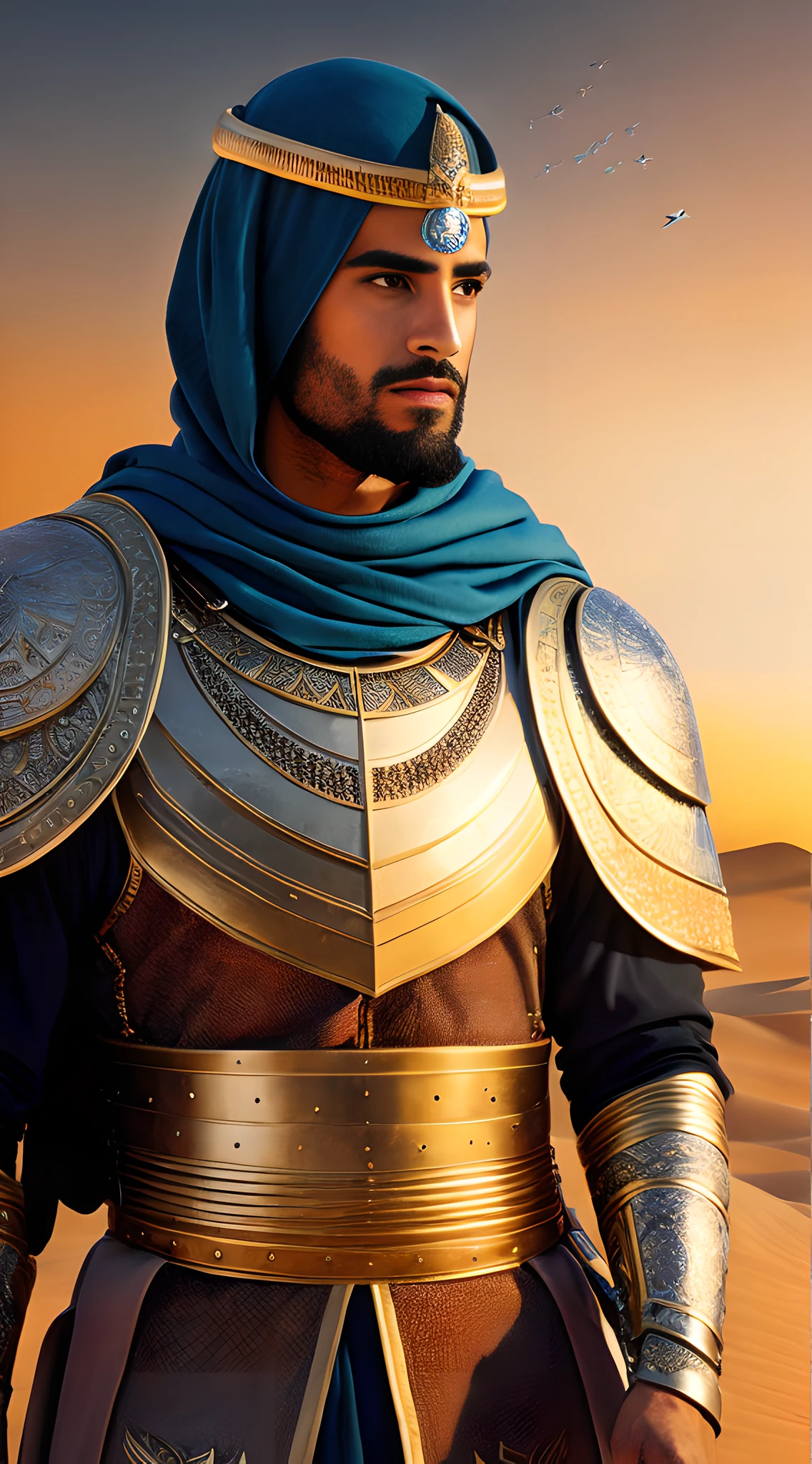 (masterpiece, 8K, UHD, illustration, Greg Rutkowski style:1.3), Khalid ibn al-Walid, (intense piercing gaze:1.2), (fierce expression:1.1), clad in (7th century Arab battle armor:1.3), ornate detailing, gleaming steel sword, midst of a bustling battlefield, desert dust, soldiers engaged in combat, sunset, warm colors, dynamic atmosphere, extreme close-up, side view.