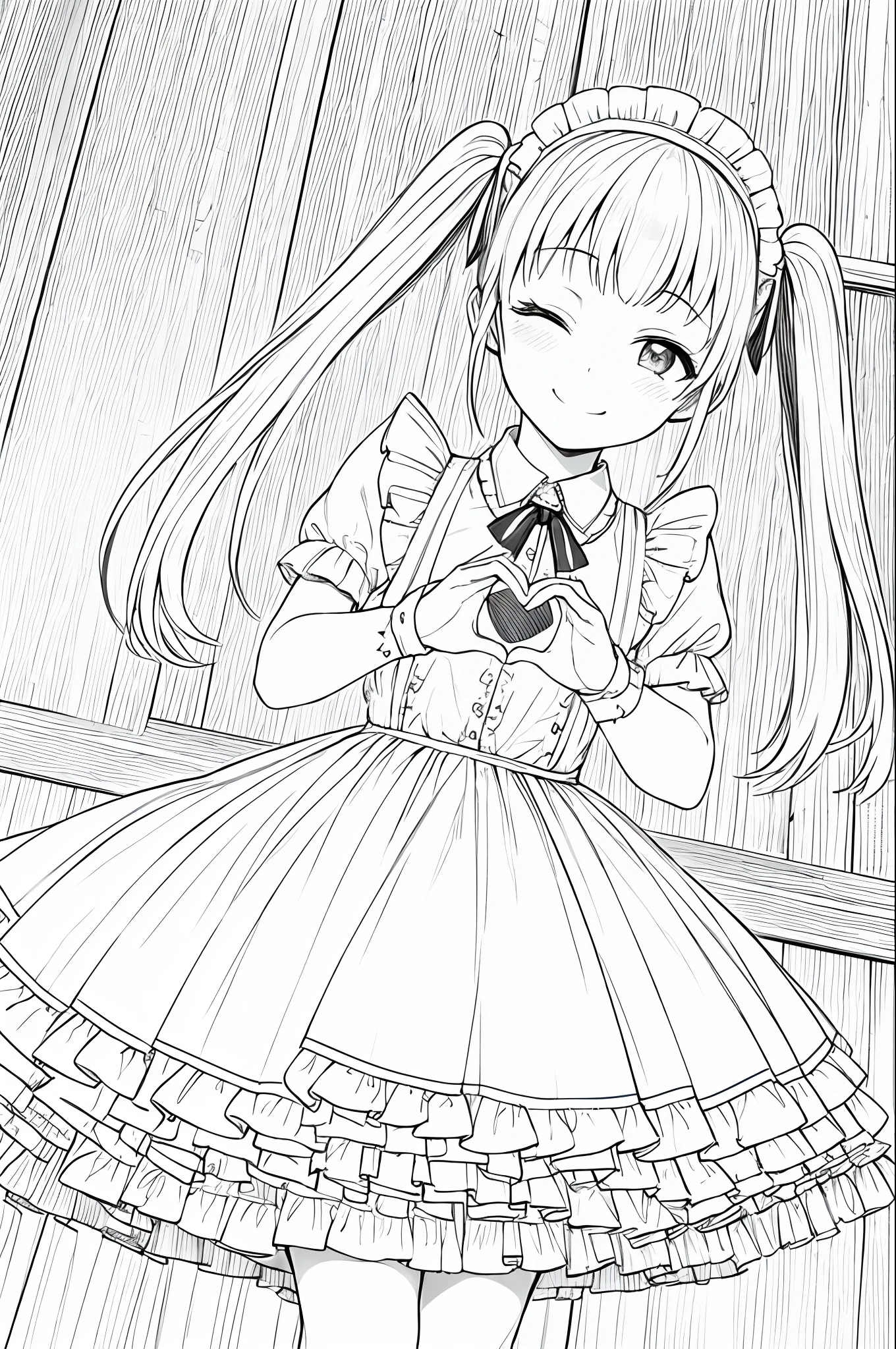 masterpiece, best quality, 1girl, smile, one eye closed, dutch angle, twintails, cowboy shot, maid dress, heart hands, lineart, monochrome, maid headdress,