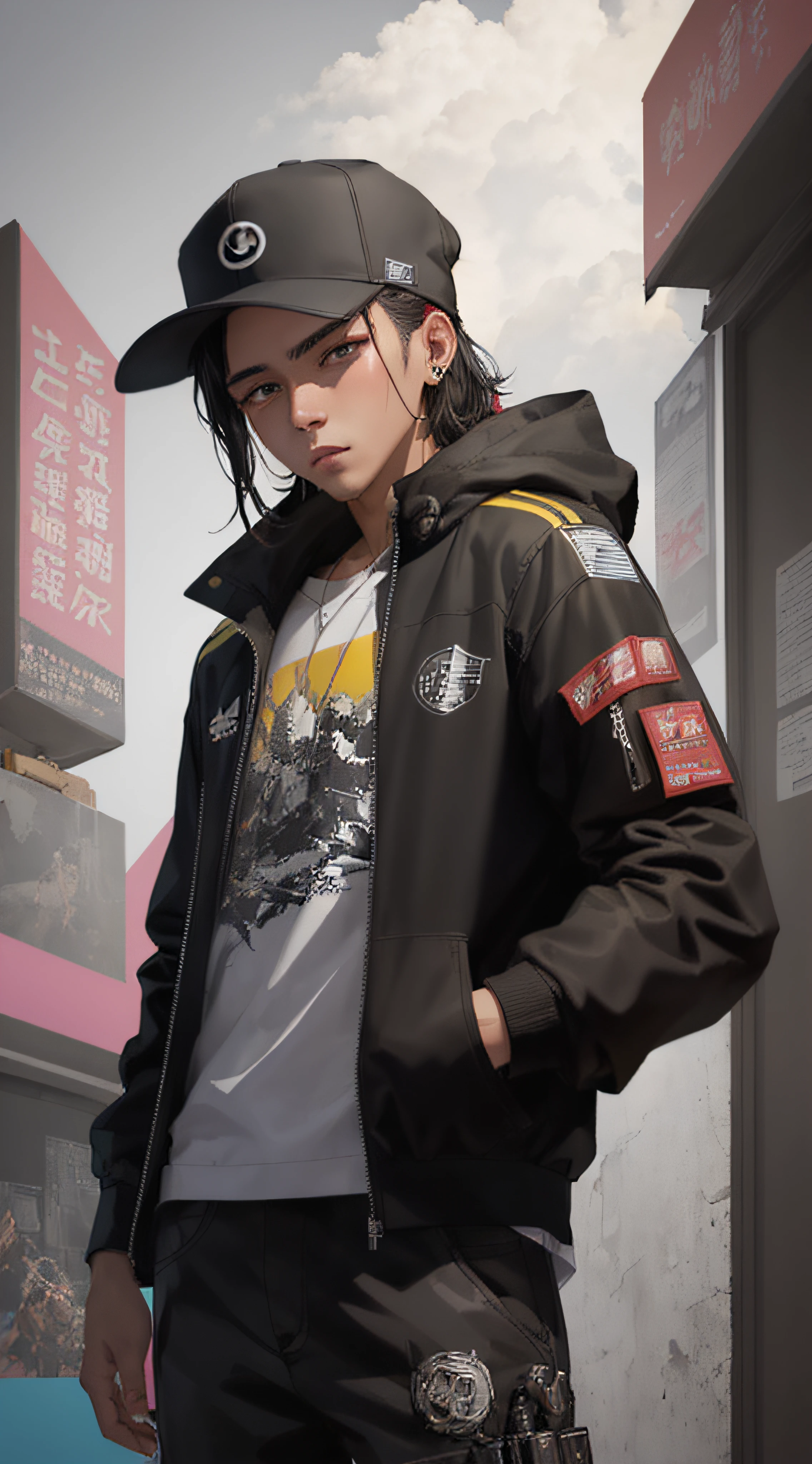 Hay un hombre con un sombrero y una chaqueta, Llevar chaqueta cyberpunk 2 0 7 7, Ropa realista, inspirado por Gang Hui-an, Altodetallado, Estilo hiperrealista, realismo artstyle, inspirado por Russell Dongjun Lu, Obras de arte al estilo de Guweiz, inspirado por Zou Yigui, inspirado por Cao Buxing, Fondo hiperrealista