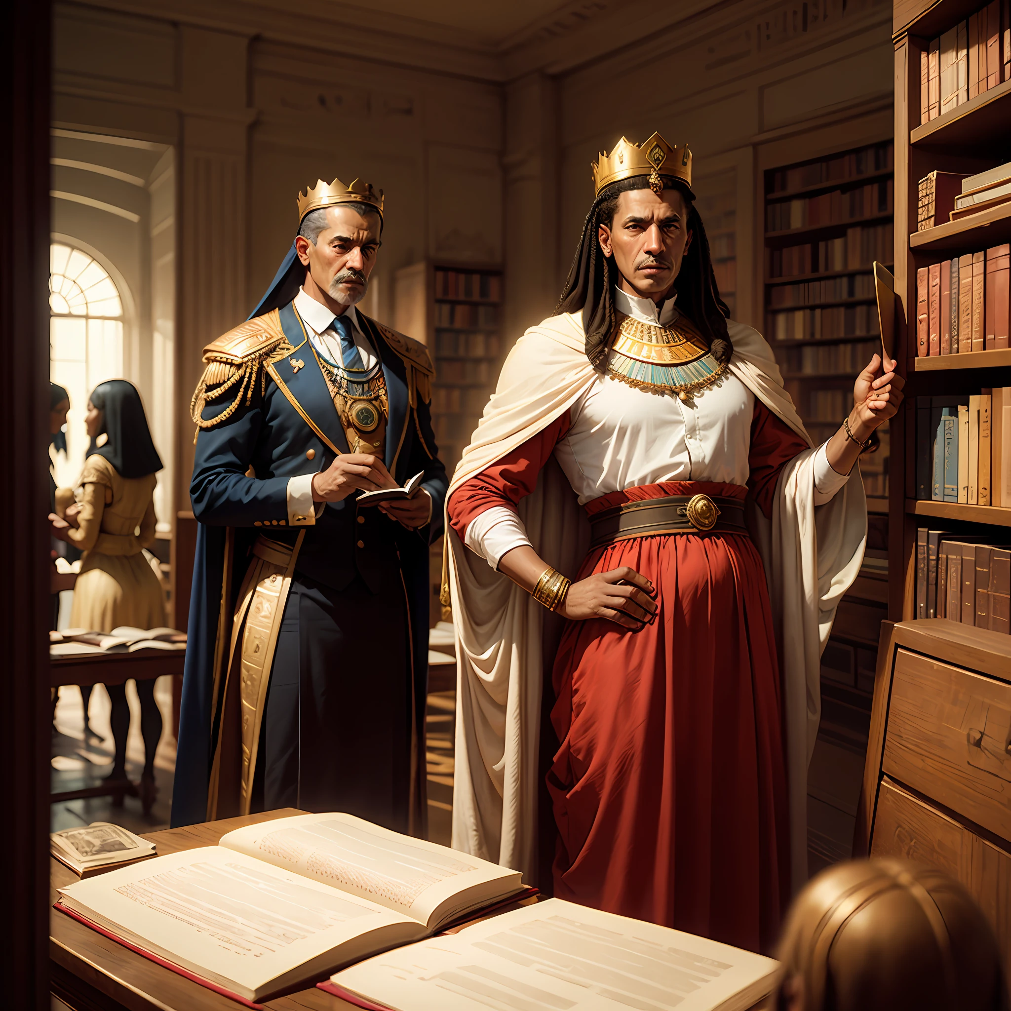 King in an Egyptian library, with period dress, imagem hiperrealista --auto