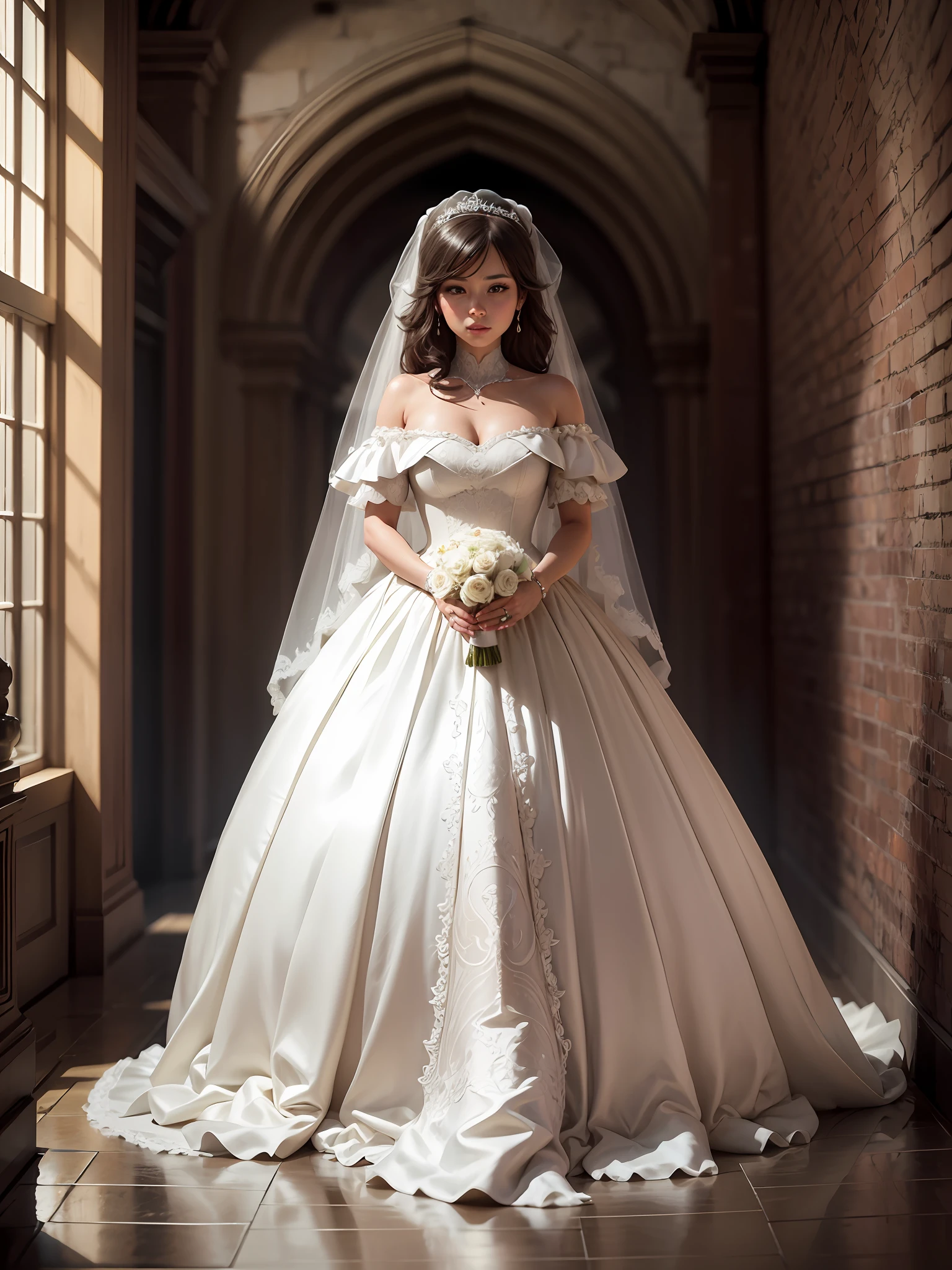 Cinematic wide shot of An woman in wedding dress, 16k