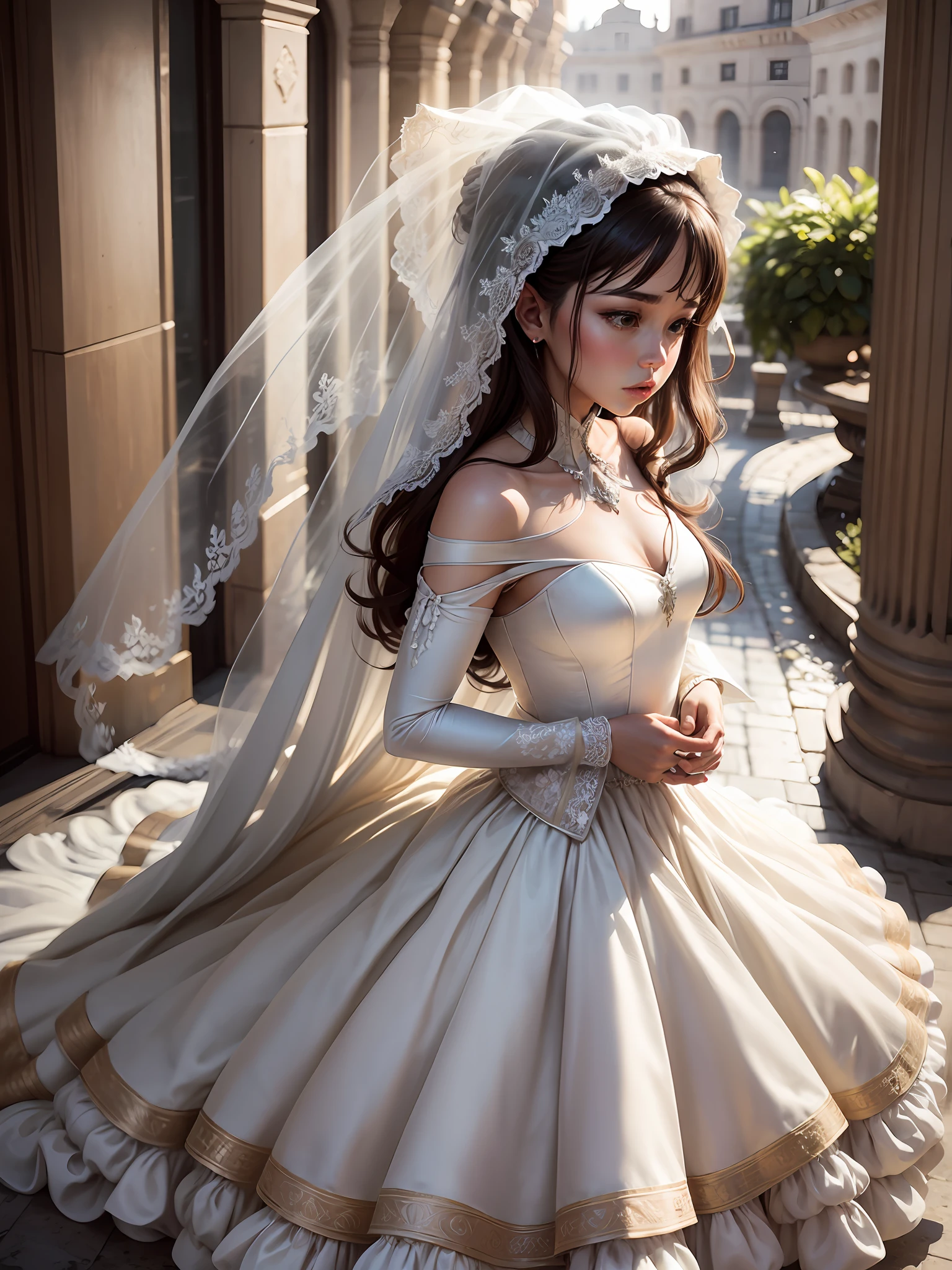 Cinematic wide shot of An woman in wedding dress, 16k