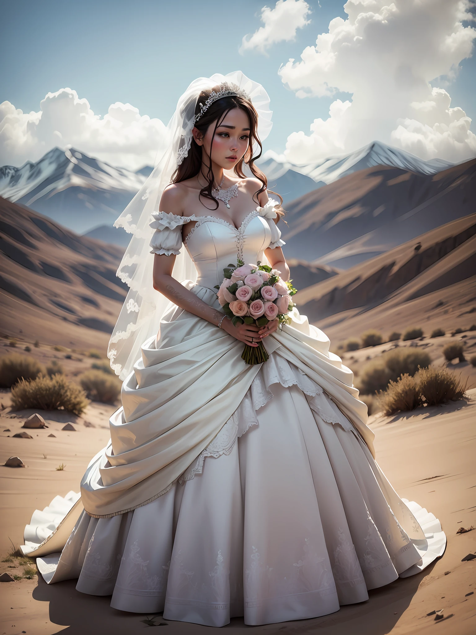 Cinematic wide shot of An woman in wedding dress, 16k