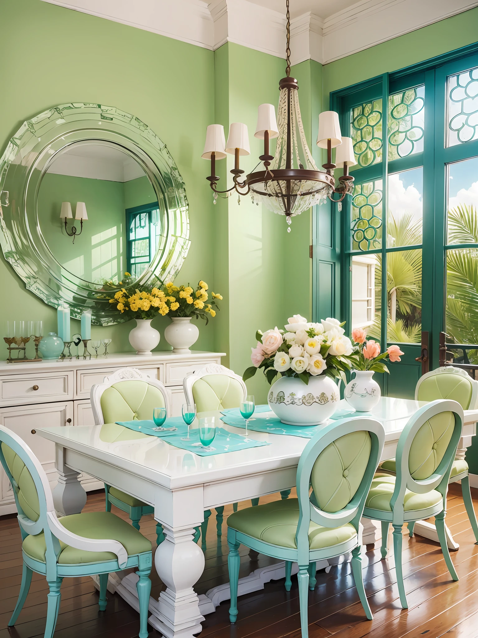 garden style dining room in palm beach, decorated in white, lime green, aqua, pink, yellow