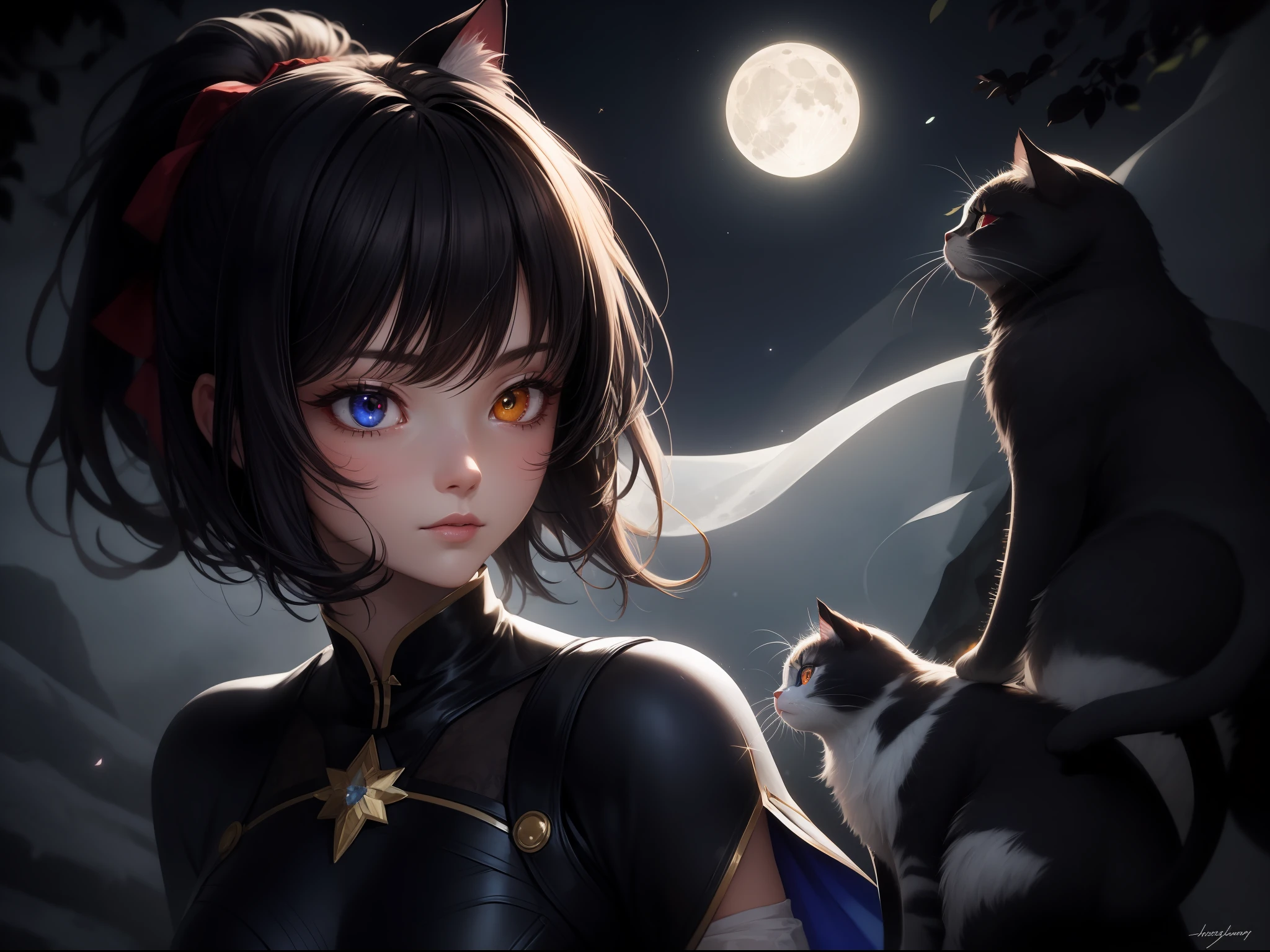 Masterpiece, (Best Quality:1.2), (Super Detail:1.2), Illustration, (Very Delicate and Beautiful:1.2), Cinematic Angle,(Beautiful Detail Eyes:1.1), (Detail Light:1.1),Movie Lighting, Beautifully Detailed Sky, White Short Hair, (Blue and Red Eyes), (High Ponytail:1.1), Glowing Eyes, (Moon:1.2), (Moonlight:1.1), Starry Sky, (Lighting Particles:1.1), Fog, Snow Painting, sketch, flower, (cat ears), (((heterochromia))), adult woman, shorthair, one girl
