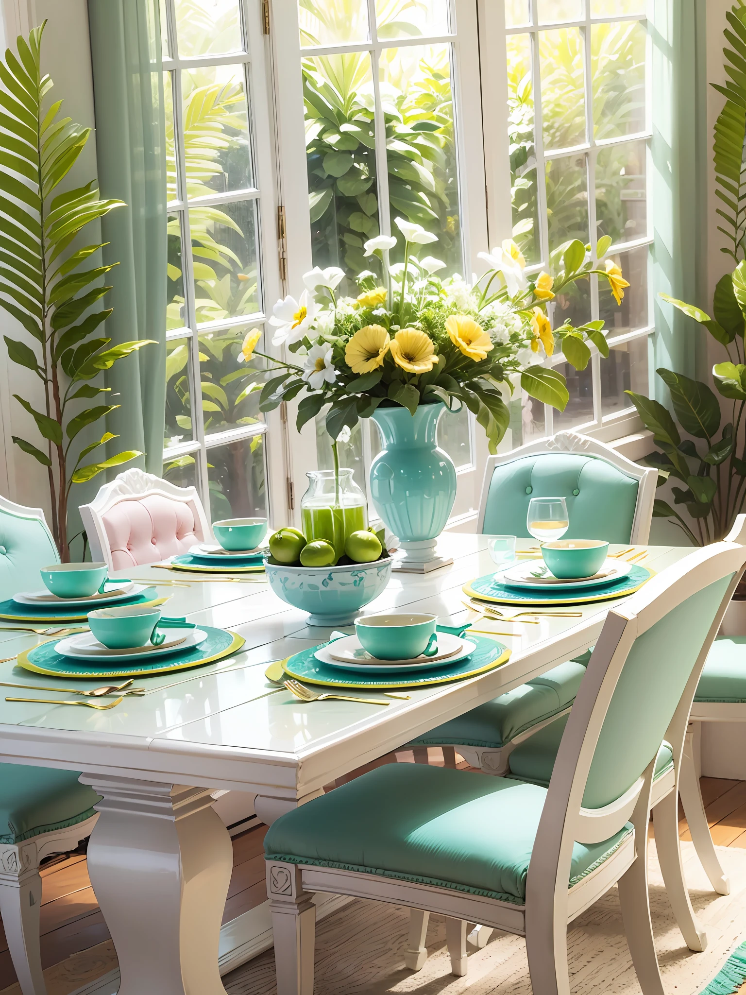 garden style dining room in palm beach, decorated in white, lime green, aqua, pink, yellow