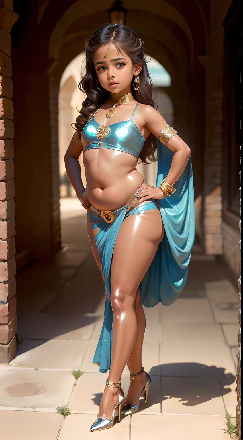 (), (arabian girl:1) perfect face, (chubby:1.3) child in saree perfect full HDR body exposed midriff highleg loli flat chest curvy indian armpits bellydancer 8k  high res knees ankles , royal skimpy underwear, cleavage (shiny skin:1.7) depth of field (full body shot) (high heels) (brown skin:1.7)