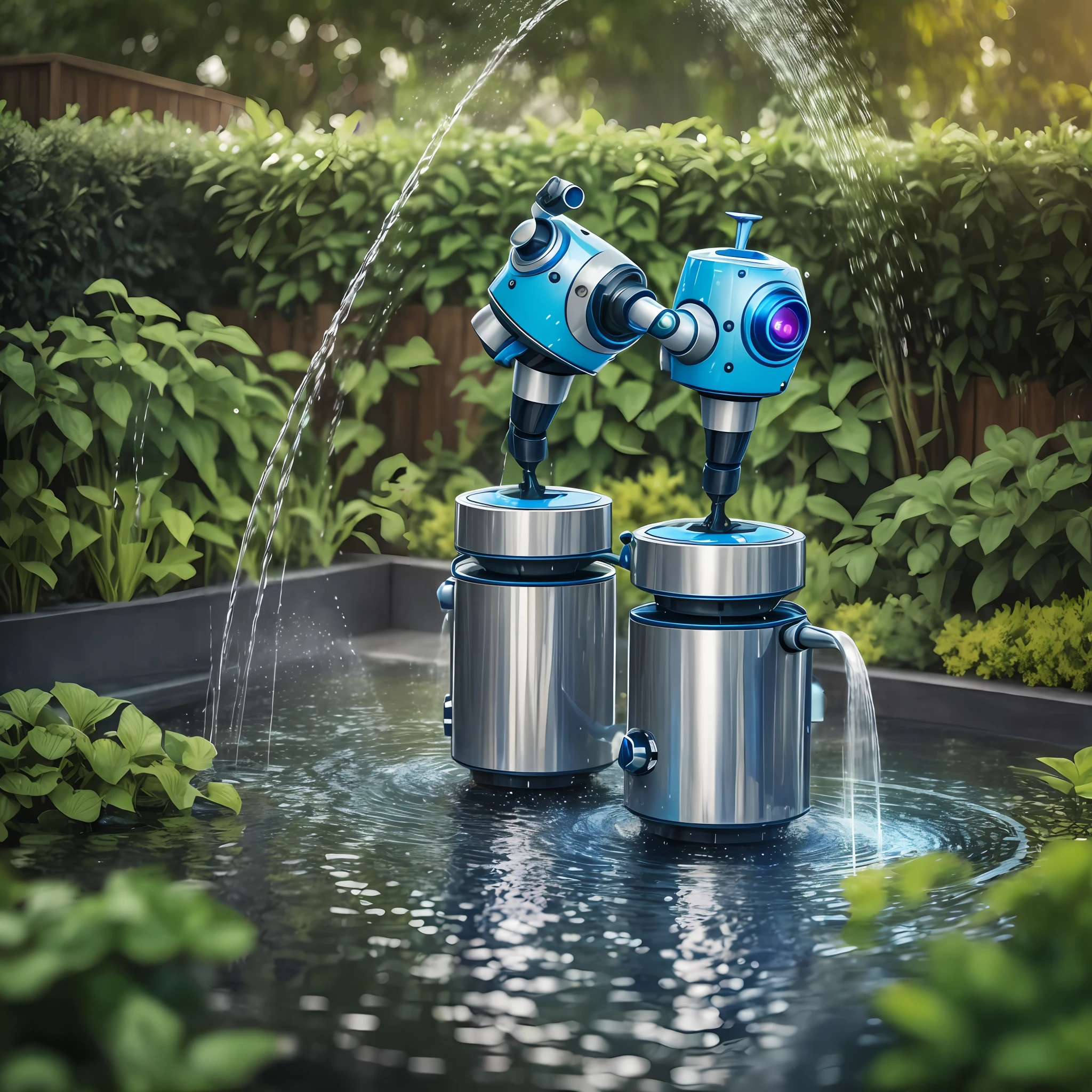 Foto cinematográfica de Two robots are watering garden with water