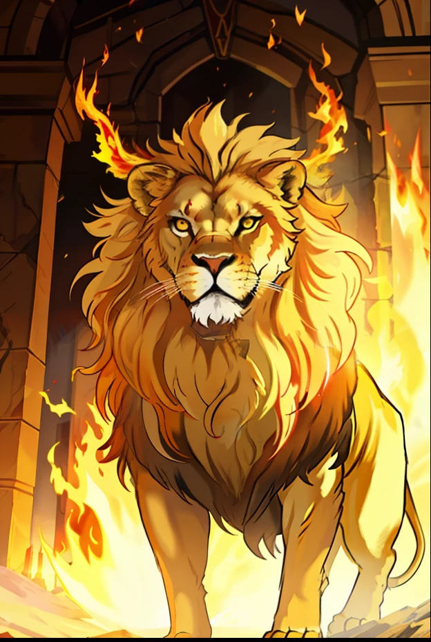 A powerful and great lion with golden hair like gold standing in a fierce pose he is the Lord of the Beasts, on an epic oroboros, In the background of the image Create Golden Flames Golden Fire He is in a mystical tomb filled with gold and magic The Lion is on fire