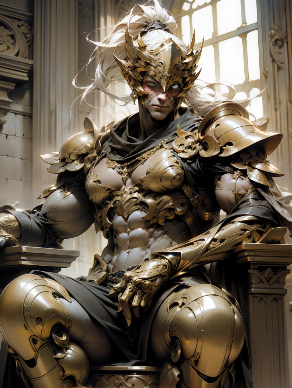 a male muscular spartan seated on the throne of an ancient building, ponytail helm, the style of photo-realistic hyperbole, golden hues, unreal engine 5, intricate costumes, hyper-realistic sculptures, solarizing master, dark white and bronze