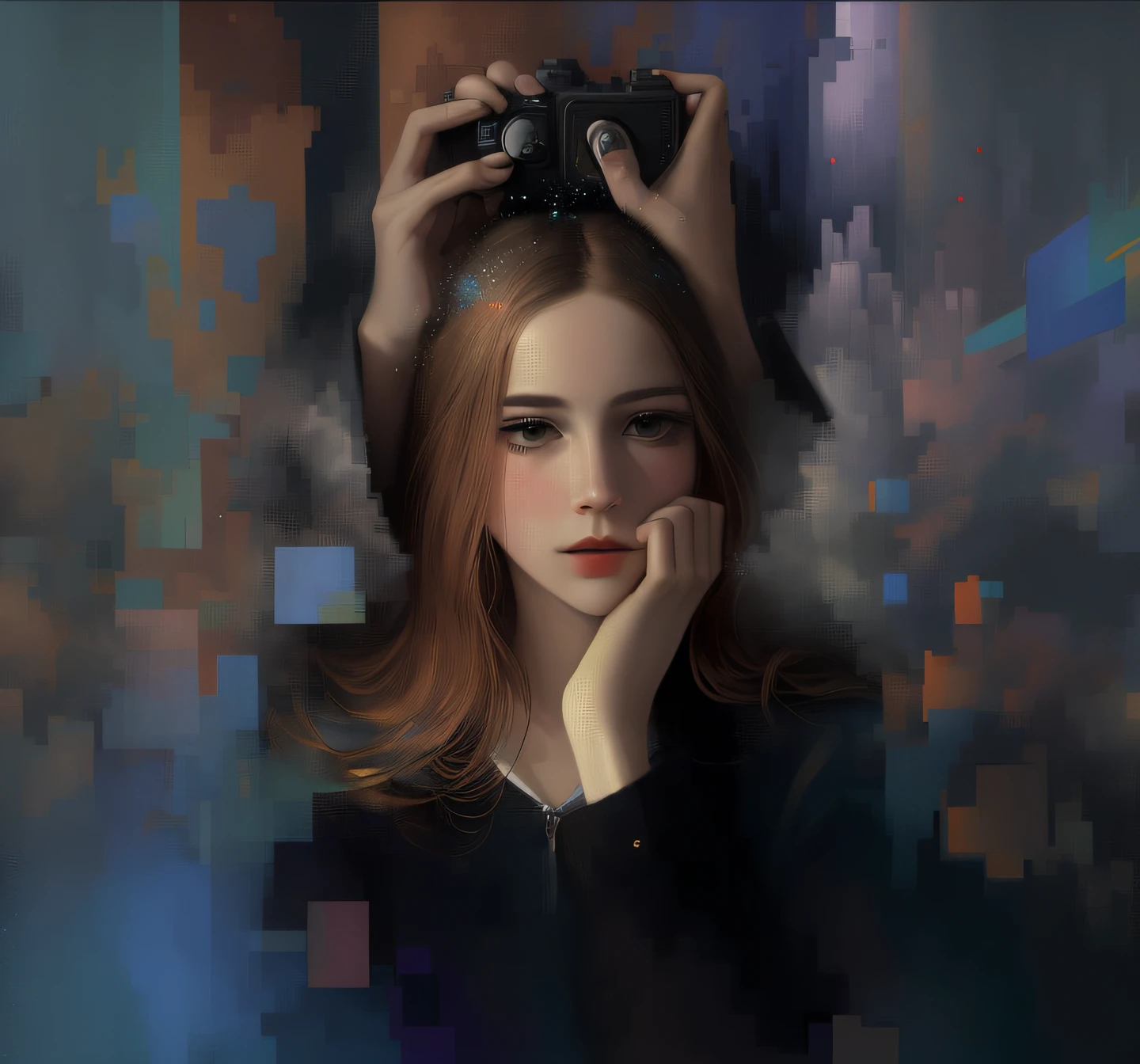 (foco frontal), (no escuro: 1.6),
(obra-prima, qualidade superior, melhor, arte oficial, beautiful and aesthetic: 1.2), (obra-prima, qualidade superior, melhor qualidade, arte oficial, beautiful and aesthetic: 1.2), (obra-prima, qualidade superior, melhor qualidade, arte oficial, beautiful and aesthetic: 1.2), 1girl, glitch art, (digital distortion), fragmentos pixelados, data corruption, colorful noise, caos visual, contemporary aesthetics, Young German