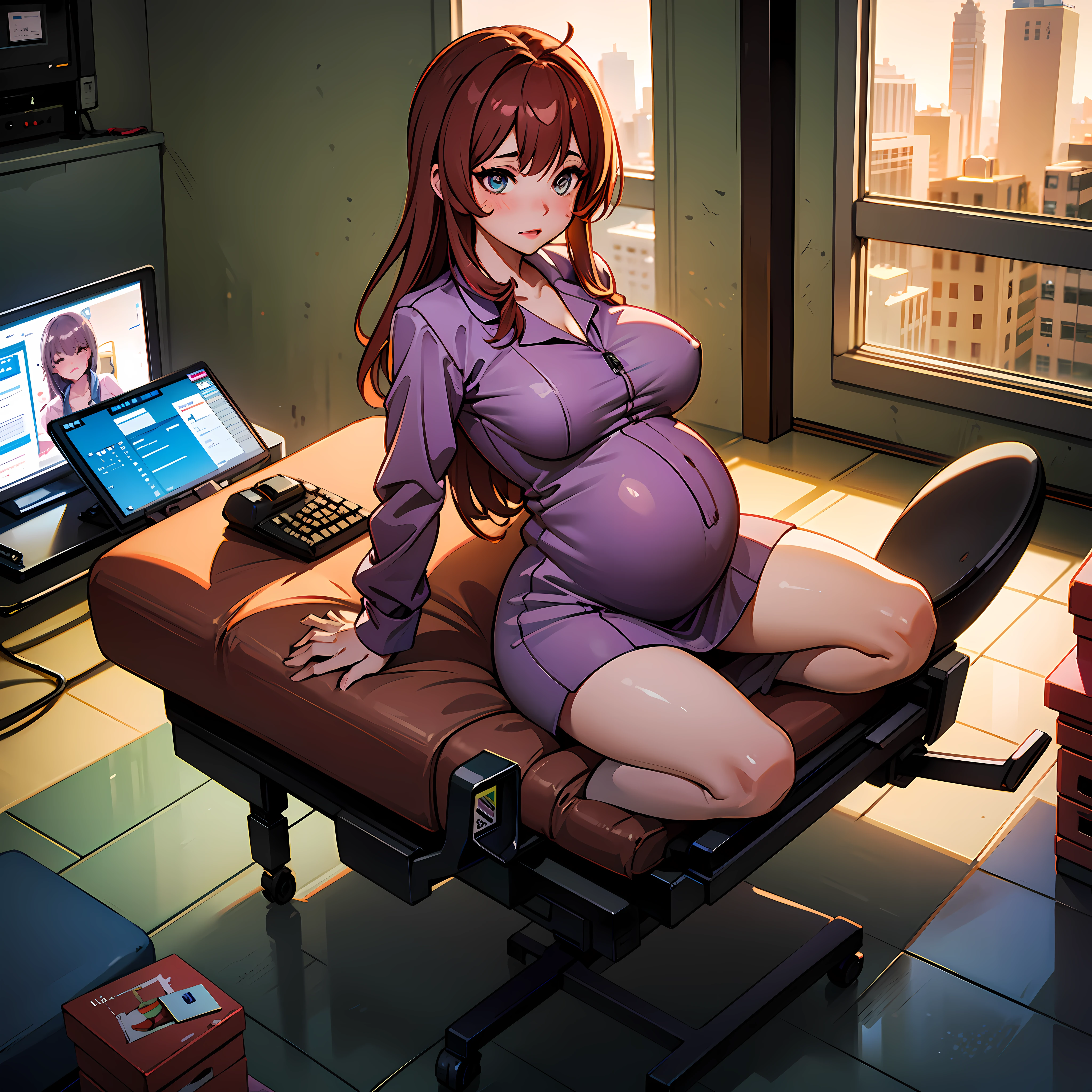 A pregnant catgirl giving birth in hospital wearing maternity suit