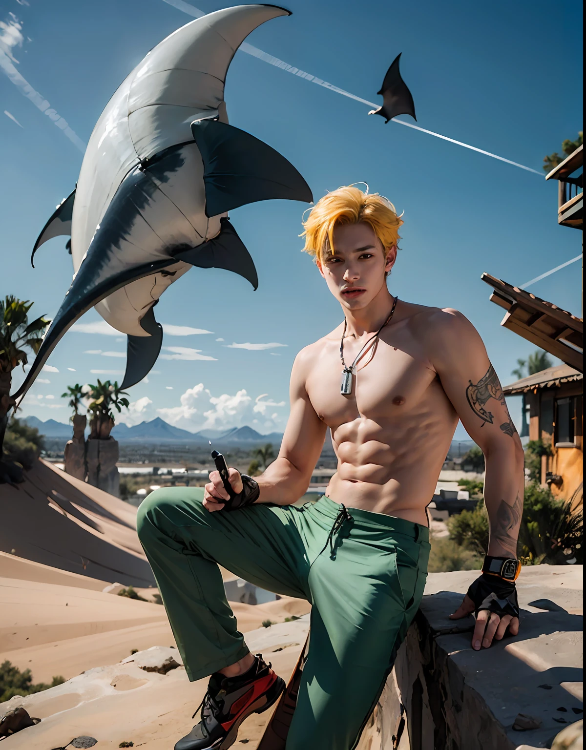 man with orange and yellow hair, green eyes, bare chest showing a demonic mark, modern pants, holding a 3-pronged sword, on top of a desert, fighting a giant flying manta ray, daytime, wonderful sky