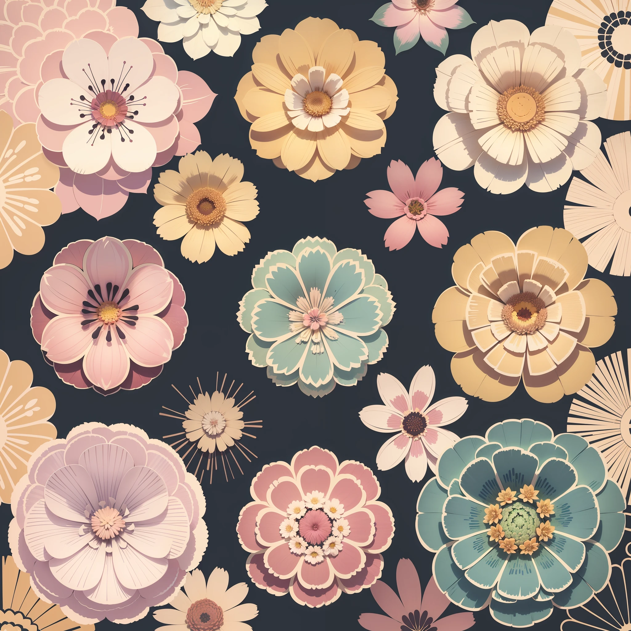 Set pattern of large flowers with plants, defined shape, flat style, vector style, drawing style, naïve style, wallpaper style, in soft pastel colors such as old pink, pastel blue, light blue, beige, pastel violet, pastel yellow and white. No shadows in the images.