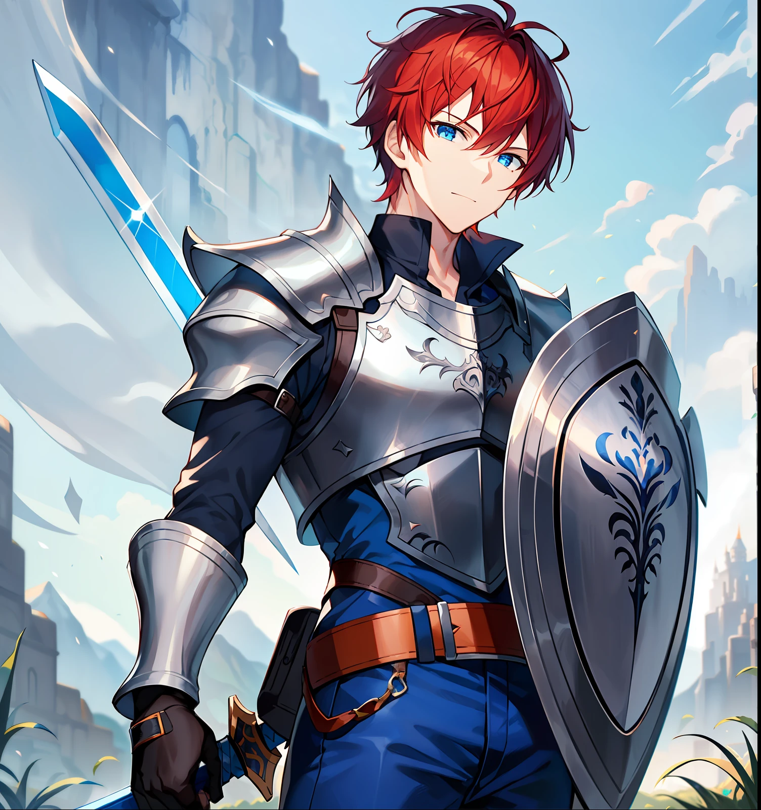 Young man, slight smile, friendly look, red hair, short hair, dark blue eyes, white skin, detailed. Black work gloves, orange shirt, black belt, blue pants. Accessory, 1 Shield, platinum shield, shining shield, 1 sword, silver sword, shining sword. Scenery, beautiful field.