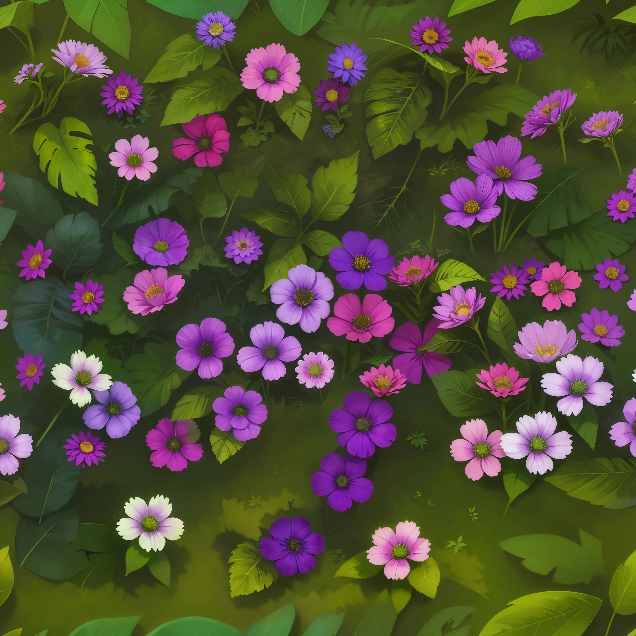 wowtexture of summer field, purple flowers, glowing green leafs, seamless