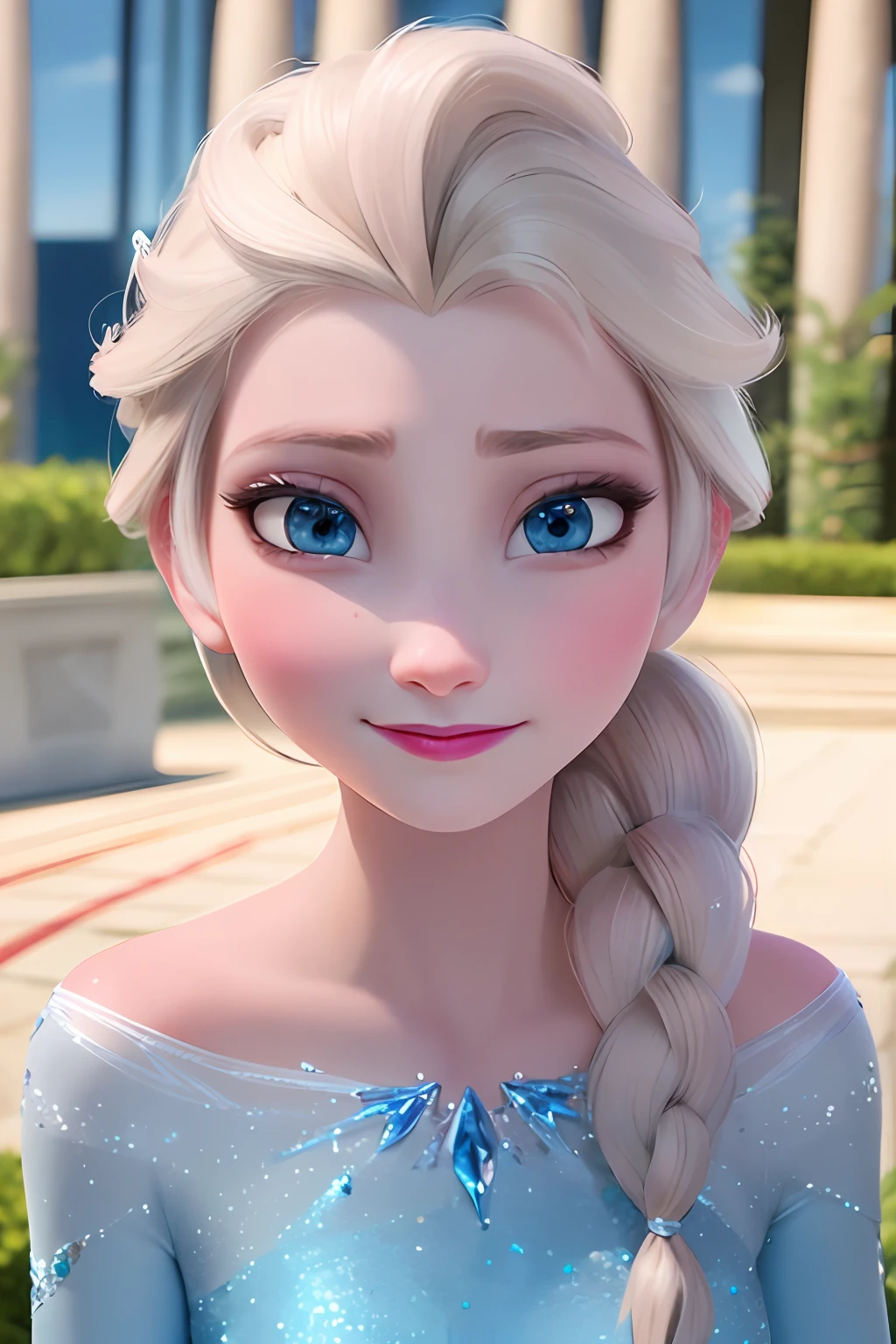 (Obra maestra:1.4), (Mejor calidad:1.4), (High resolution:1.4),Elsa de Arendelle, Vestido azul hielo, single braid, They are smiling, close up