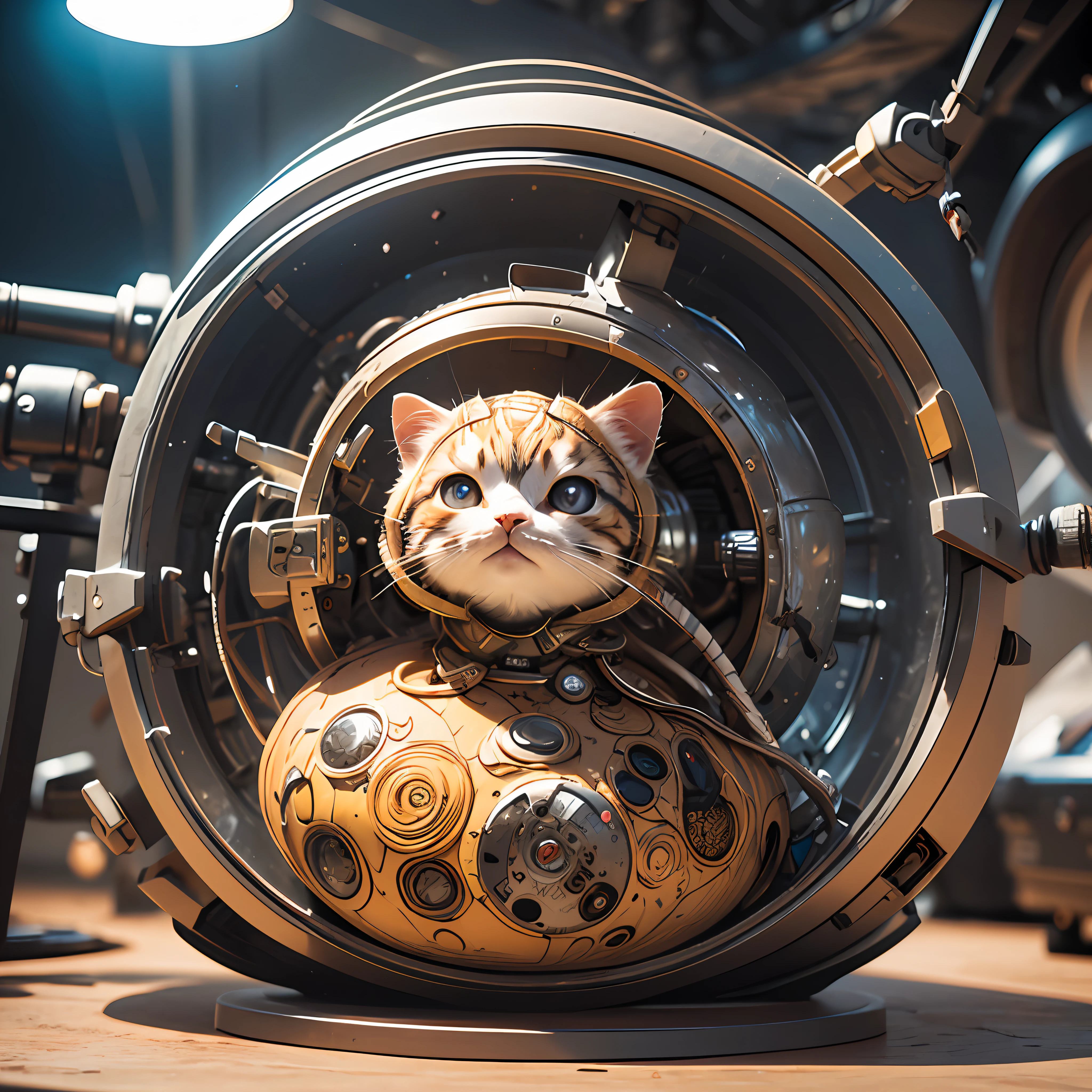 A cute kitten made of metal, (cyborg:1.1), ([tail|detailed wire]:1.3), (intricate detail), hdr, (intricate detail, hyperdetailed:1.2), cine footage, halo shadow, centered --auto