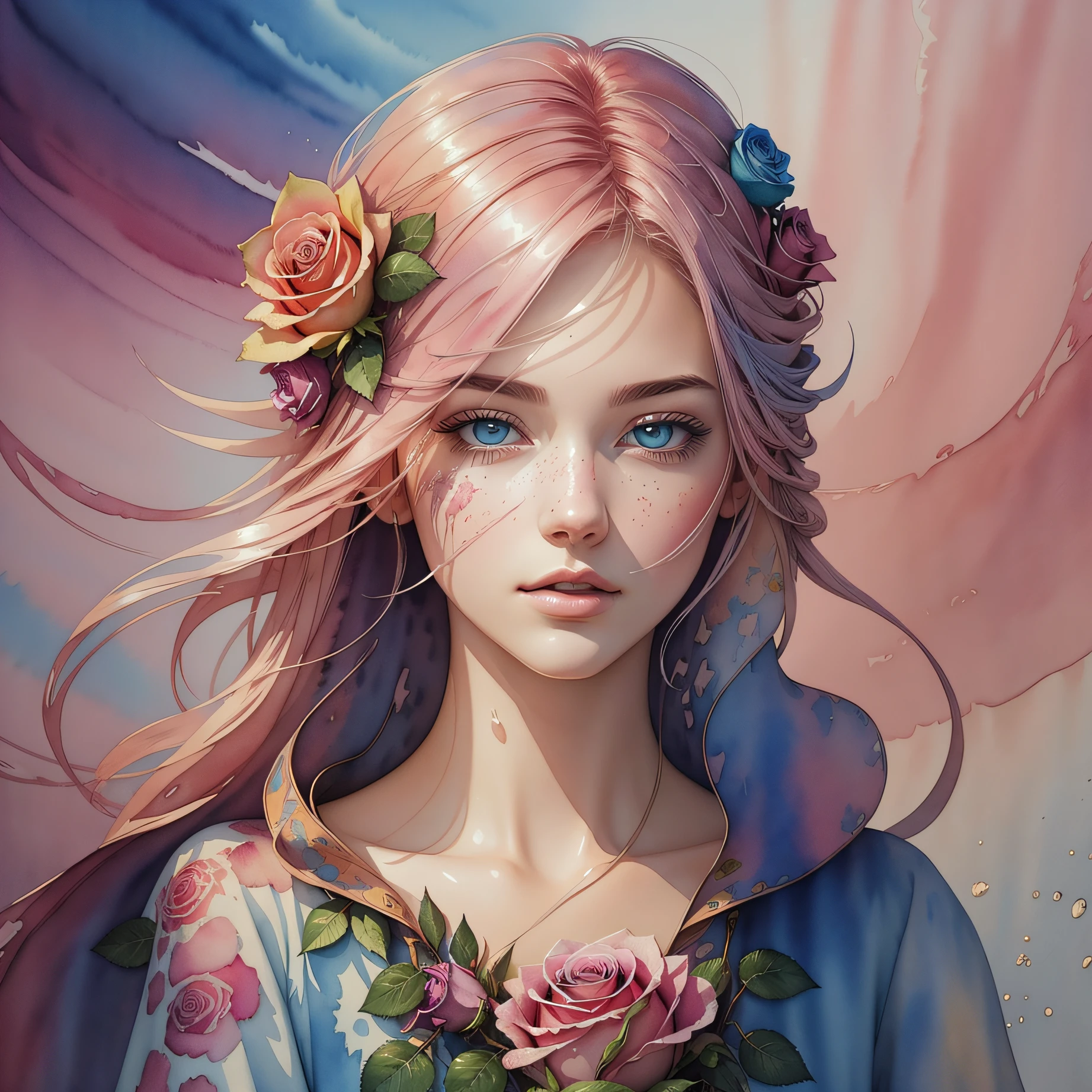 Image of a woman with pink hair and blue dress holding a bouquet of flowers, slightly dizzy blue eyes, fine face, Beautiful rendering, Beautiful rendering portrait, Very beautiful rendering, Digital art, Beautiful digital artwork, Beautiful photorealism, Digital artwork Detailed, Vertical Rendering, Rendering Style, Beautiful Digital Art, Realistic Illustration, Persephone in Spring, Gorgeous Digital Art, elegant, Highly Detailed, Focused, Digital Painting, Hyper-Realistic Environment, Realistic, Photography, Octane, High Definition, Depth of Field , Bokeh, 8K, Concept Art Eric Zener Elson Peter Cinematic Blue Light Low Angle HD 8K Sharp Shallow Depth of Field