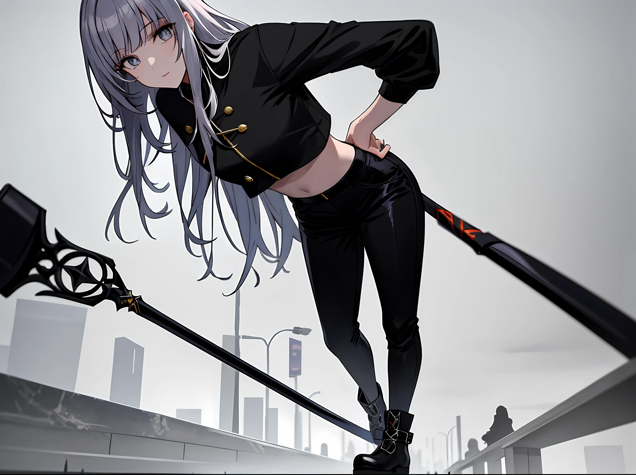 mulher, Olhos grandes anime pretos, cabelo curto preto, espada nas costas, cropped preto, black pant, bota preta grande,raio saindo do olho, chuva ao fundo, pessoas em volta na rua olhando,