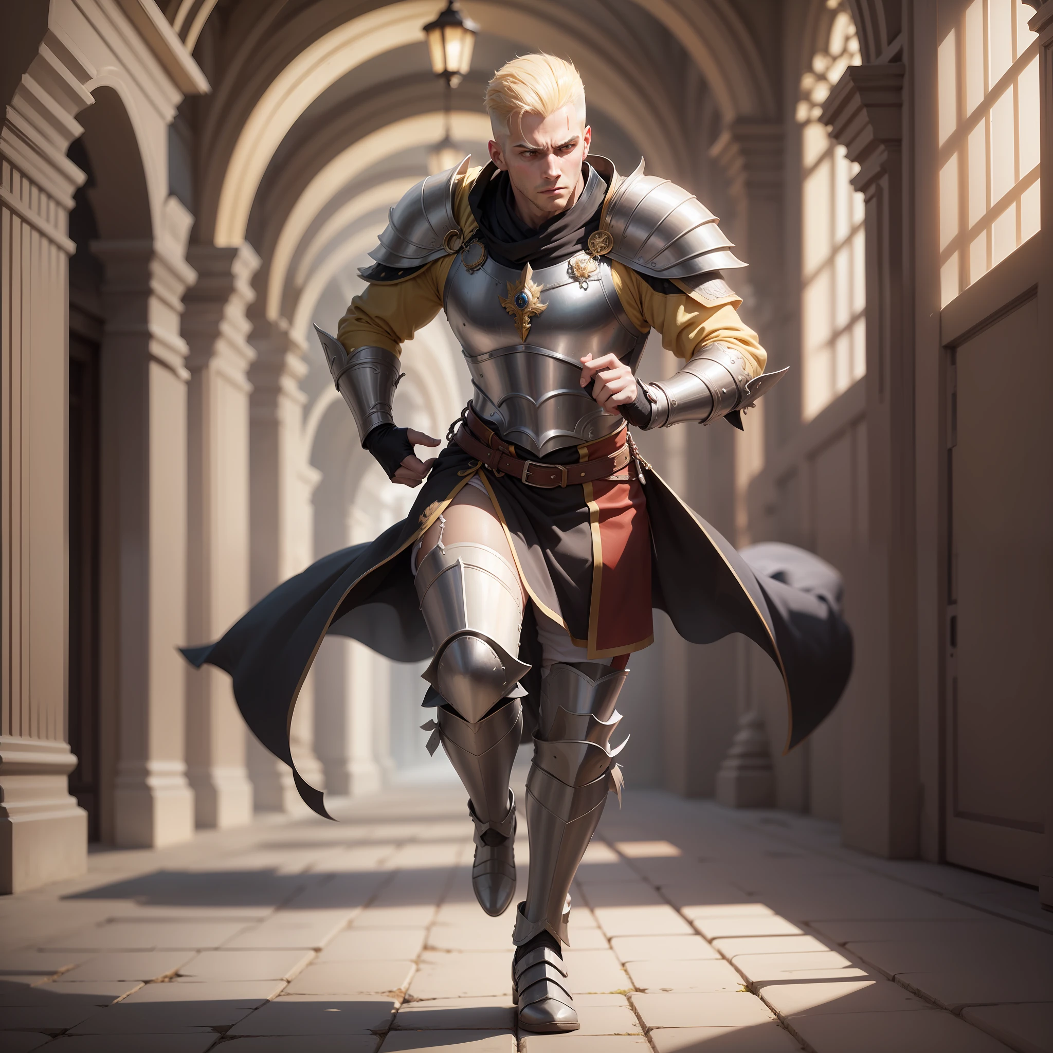 realistic image in anime-style art of a tall, strong, blond man with a side-shaved haircut, worried expression, dressed in black cleric robes and shoulder pads, rpg warrior, running in a wide corridor of a royal palace