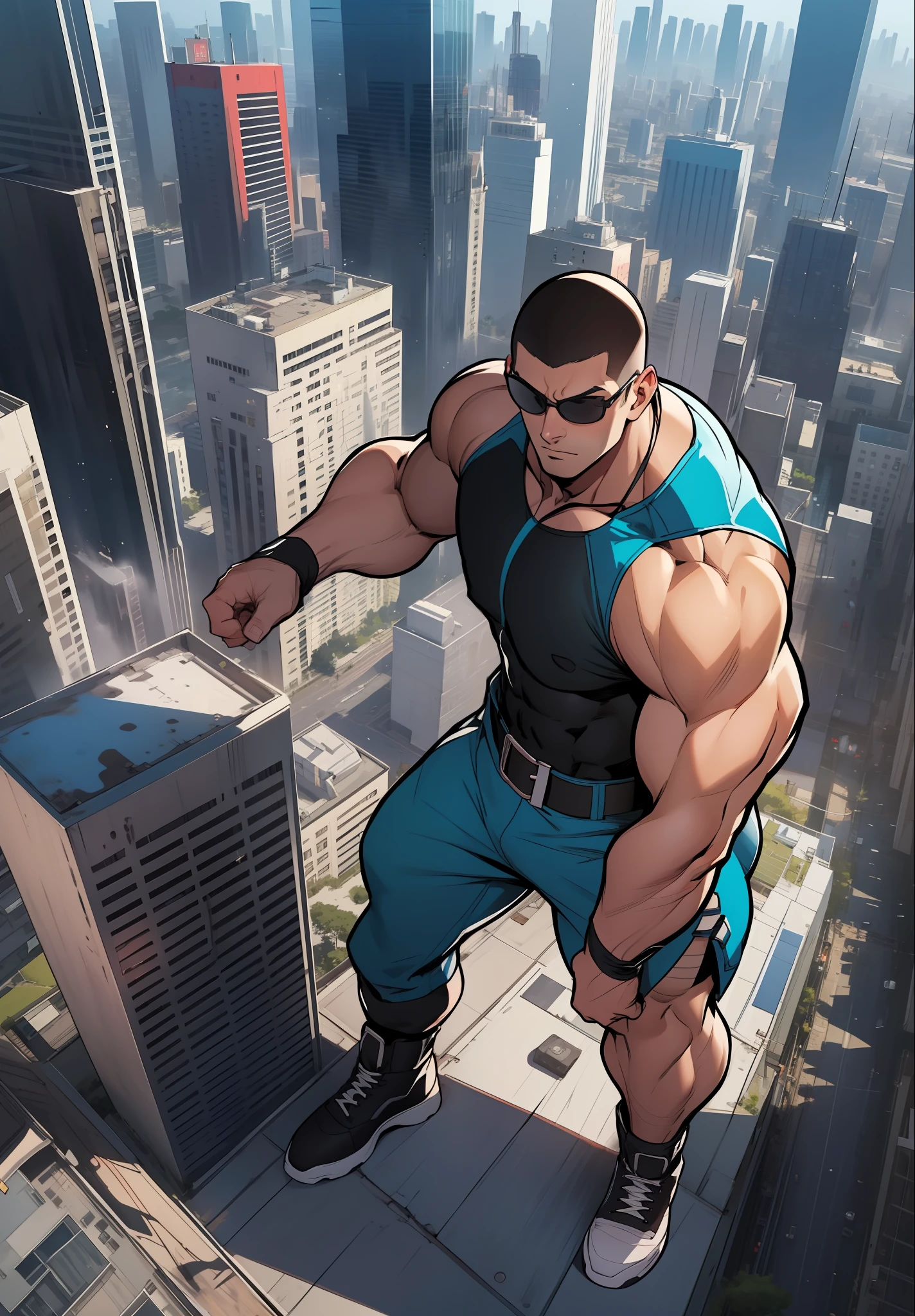 Generate an anime-style artwork with a high-angle shot of a muscular male character with his body facing the camera, THE CHARACTER IS ON TOP OF A TALL BUILDING, The protagonist must have an extremely muscular, very tall body similar to that of a bodybuilder. The character must be bald and dressed in a dark blue tank top, military green pants and black belt and wearing black military boots and sunglasses. The image must depict the character's full body, with the focus on his intimidating posture. The protagonist must exude strength and dominance, displaying a powerful presence. The scene must only feature the muscular character, THE CHARACTER MUST BE ON TOP OF A BUILDING SHOWING A LARGE CITY BELOW IT
