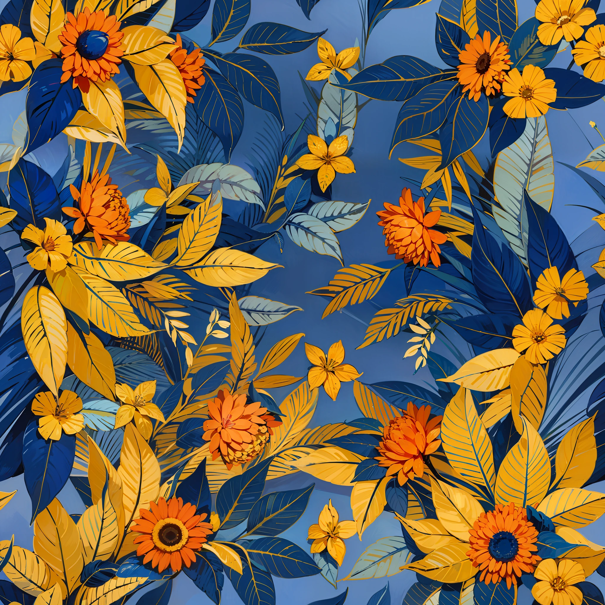 a blue and yellow pattern with flowers