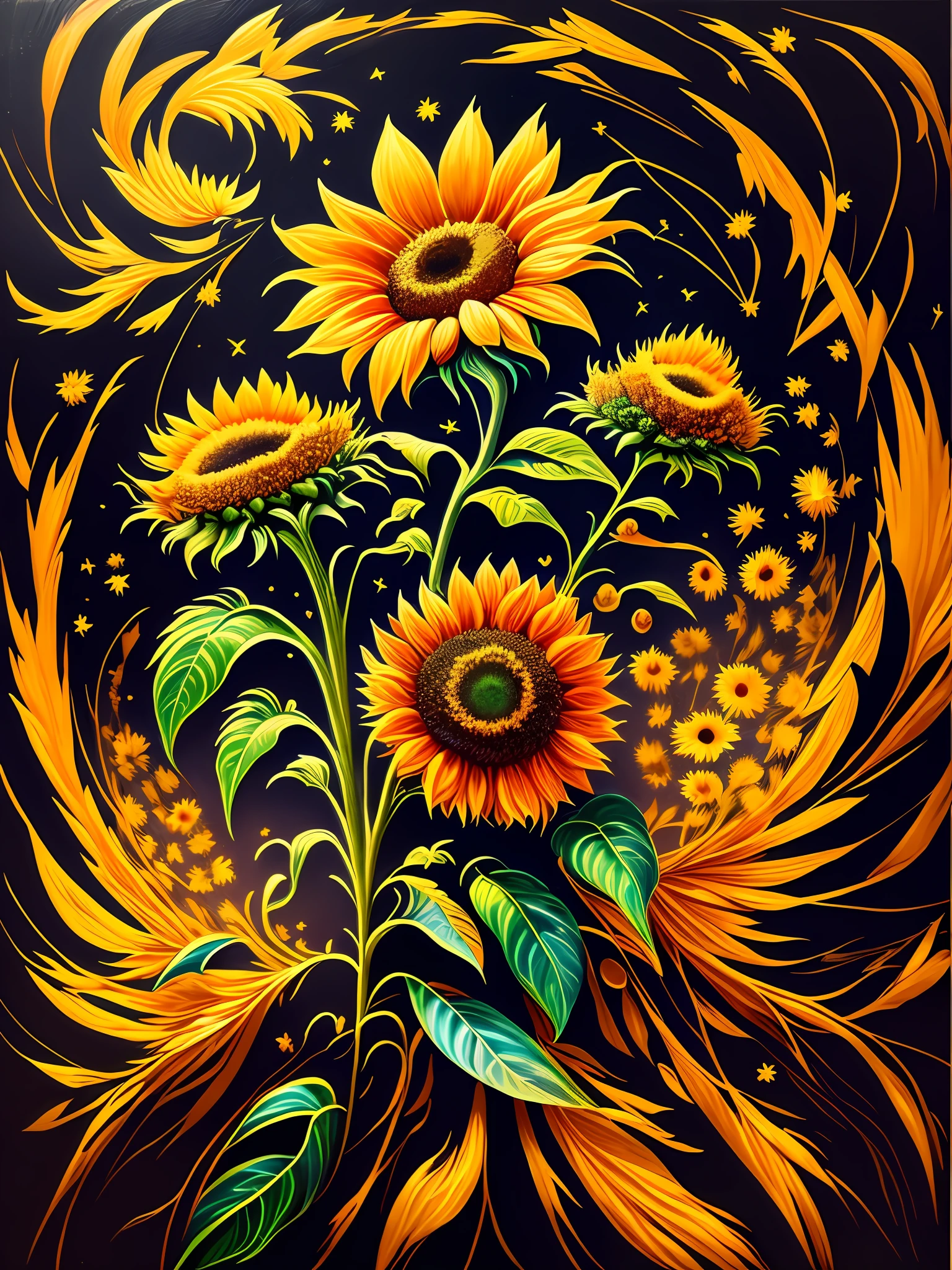 a painting of a colorful sunflower on a black background, , breathtaking rendering, within a radiant connection, inspired by Kinuko Y. Craft,, magical elements, sunflower icon, wow, is gorgeous, casting a multi colorful spell, bright flash, flash