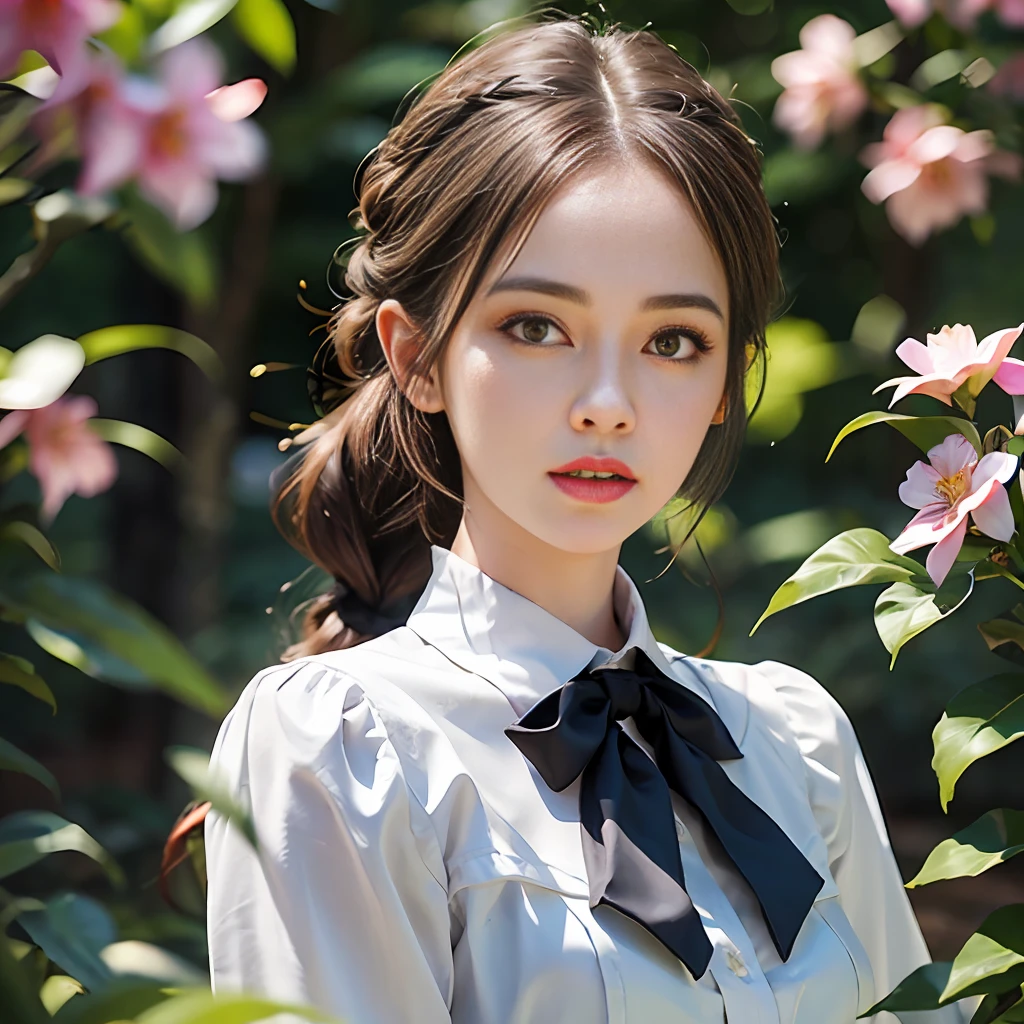 From below, One woman with a faint smile、fullllbody、Silk White Socks、pumps、Standing in front of garden arch with flowers、(Photoreal:1.4)、(hyper realisitic:1.4)、(Realistic:1.3)、(Smooth lighting:1.05)、(Improved cinematic lighting quality:0.9)、(with a shallow depth of field)、1girl in、20 year old adult woman、Bright spring morning natural light、Back lighting、Facial Lights、ray-traced、(brightened light:1.2)、(Quality improvement:1.4)、(Realistic textured skin of the highest quality:1.4)、small tits、fine detailed eyes、detailed face with、a small face、Fine quality eye、Brown eyes、poneyTail、Braiding、Ribbons in the hair、Floral blouse with ruffles、bowtie、Green glass jar with water、The back of the background is white and blurry.