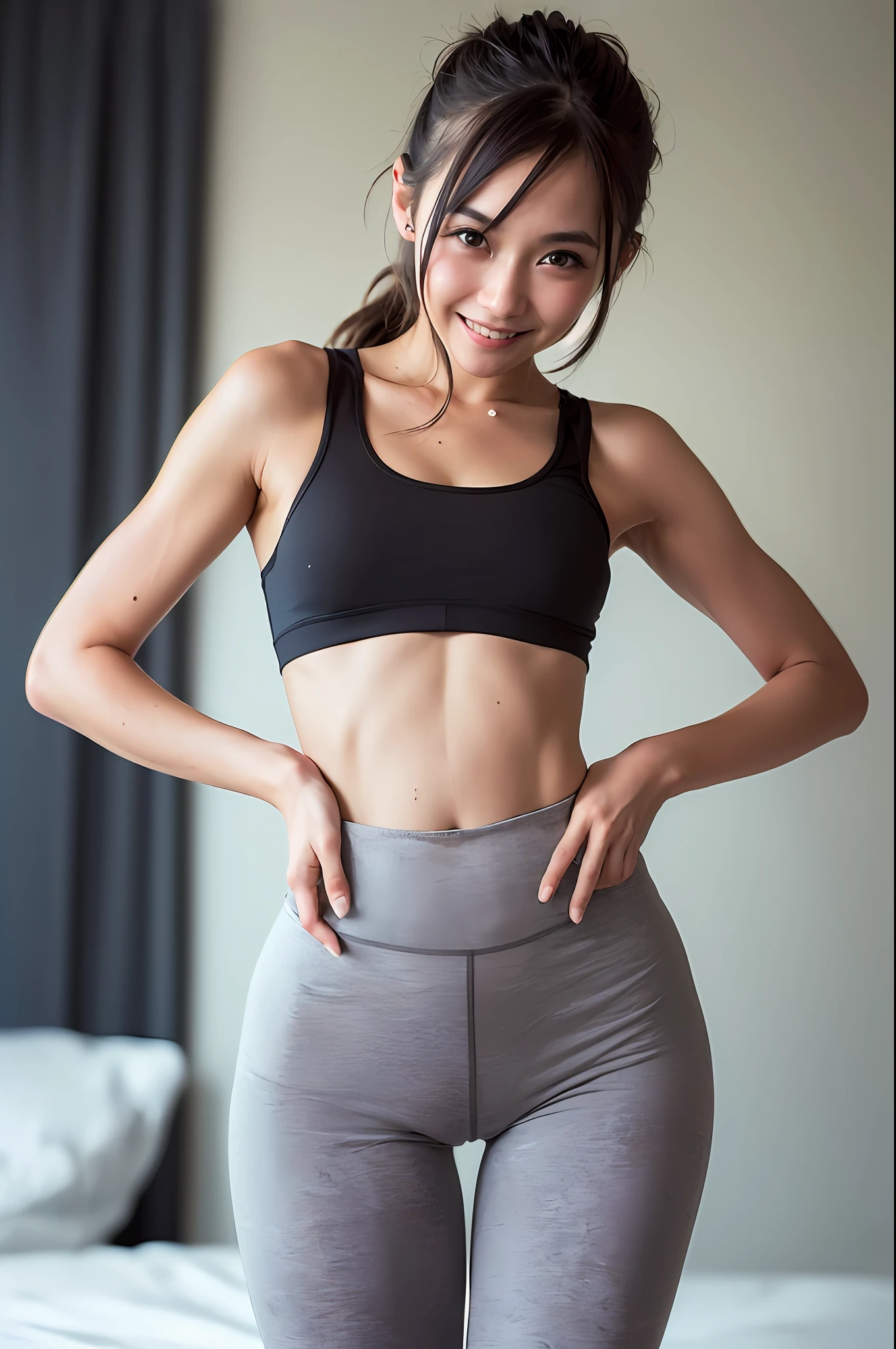 (solo), (a detailed full body RAW photo of a girl), (masterpiece:1.0), (best quality:1.4), (ultra highres:1.2), (photorealistic:1.4), 8k resolution, Canon EOS R5, 50mm, absurdres, ultra detailed, (18yo), sharp focus, cinematic lighting, detailed beautiful face, (makeup:1.2), (ulzzang-6500-v1.1), petite figure, detailed skin texture, pale skin, flat chest, (skinny and fit body:1.3), thigh gap, detailed brown hair, (very messy hair:1.5), (Avril Lavigne:0.7), smiling, (sports bra, sports leggings:1.4), realistic glistening skin, (bedroom:1), (cameltoe:1.3), (sweating:1.45), slim waist, seductive smile, solo