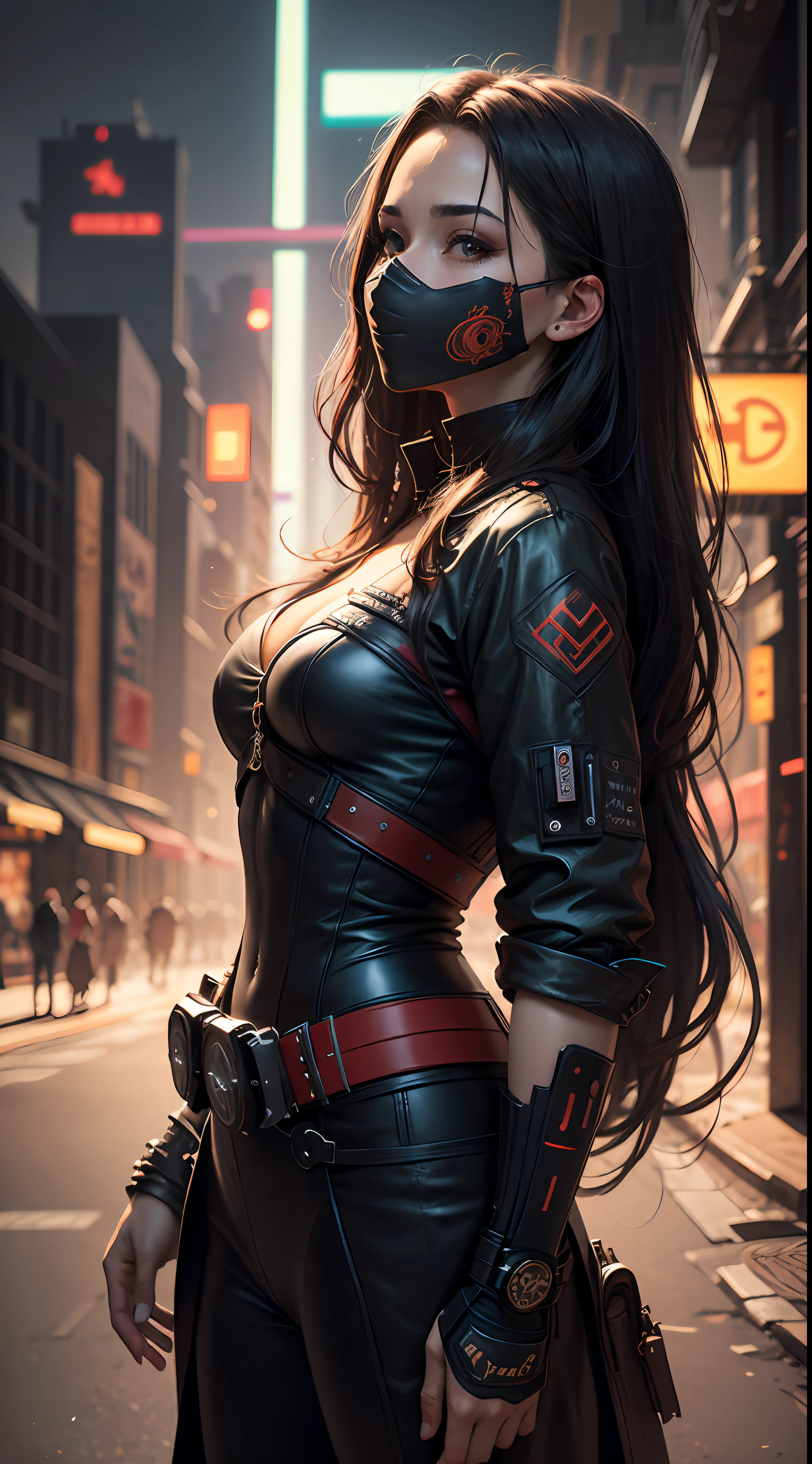 cyberpunk samurai with mask on, brilho no escuro, epic background, luminous symbols, arte de linha, digital illustation, comiс style, Dynamic, altamente detalhado, art-station, arte conceitual, liso, foco nítido, illustration, Estilo Thomas Moran, arte de Carne Griffiths e Wadim Kashin, Antecedentes detalhados, random color rule, random tones, Raios de Deus --auto