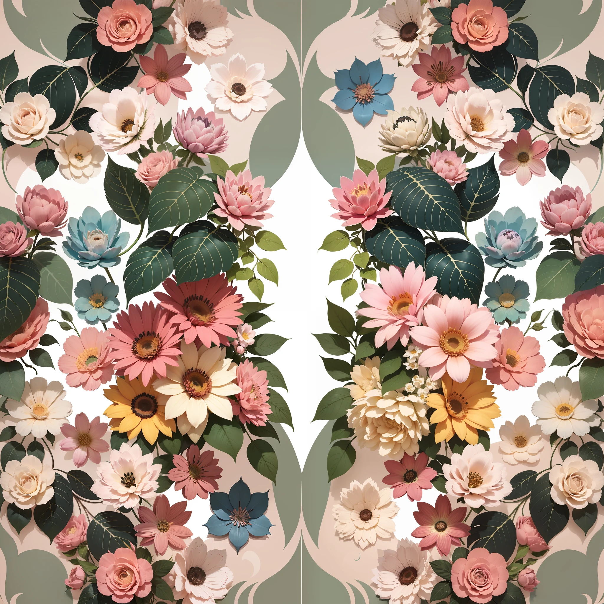 Set pattern of large flowers with plants, defined shape, flat style, vector style, drawing style, naïve style, wallpaper style, in soft pastel colors such as old pink, pastel blue, light blue, beige, pastel violet, pastel yellow and white. No shadows in the images.