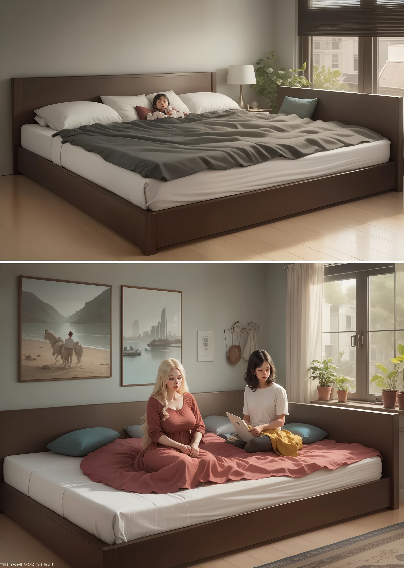 Prompts
Copy
2 giant size beds, including one that's super wide (12 feet), and another that's super long (9 feet), family with 10 member on the bed, in a modern style bedroom, Daytime, --auto --s2