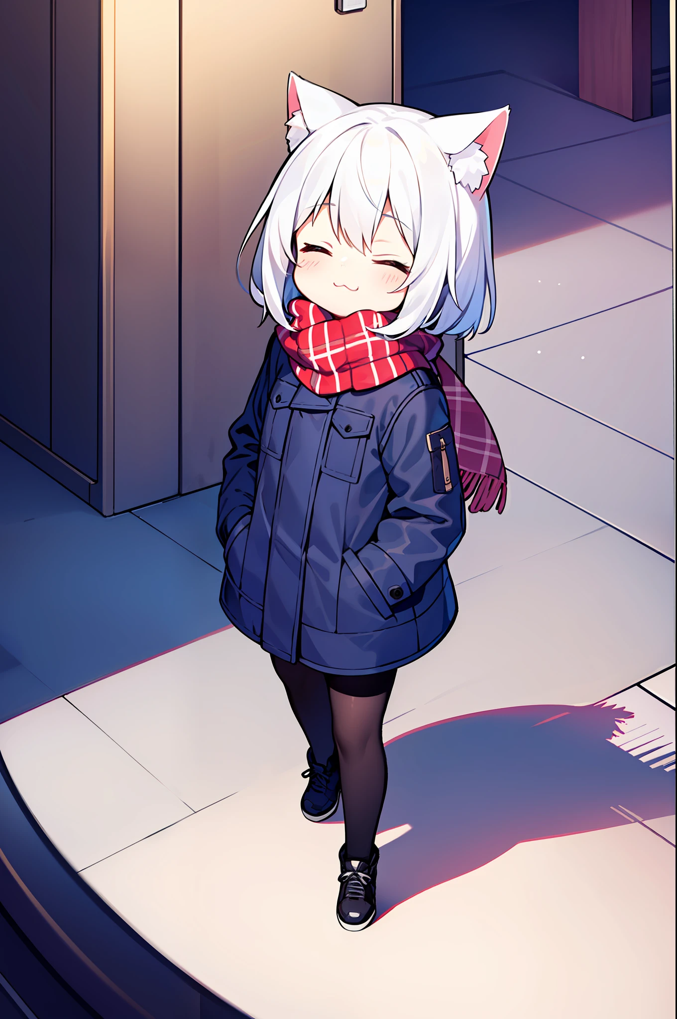 masterpiece, best quality, 1girl, white hair, medium hair, cat ears, closed eyes, looking at viewer, :3, cute, scarf, jacket, outdoors, streets,